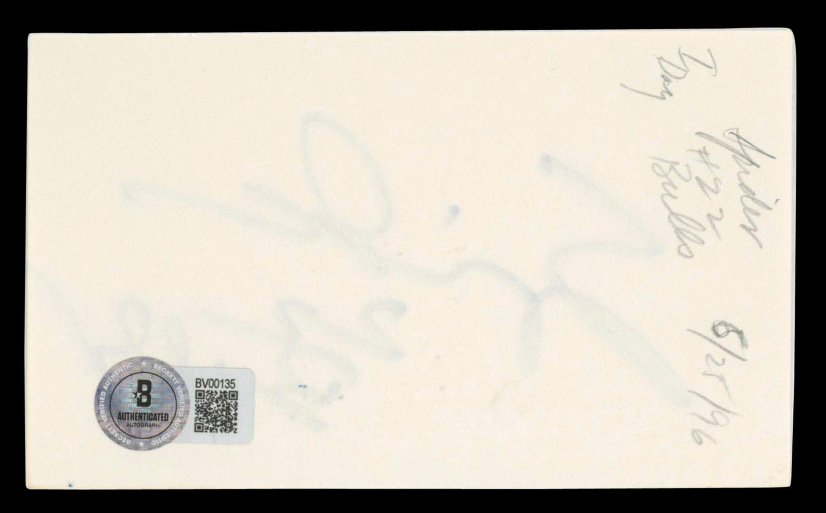 Bulls John Salley "22" Bulls Authentic Signed 3x5 Index Card BAS #BV00135