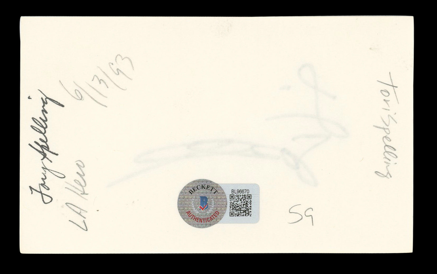 Tori Spelling Beverly Hills 90210 Authentic Signed 3x5 Index Card BAS #BL96670