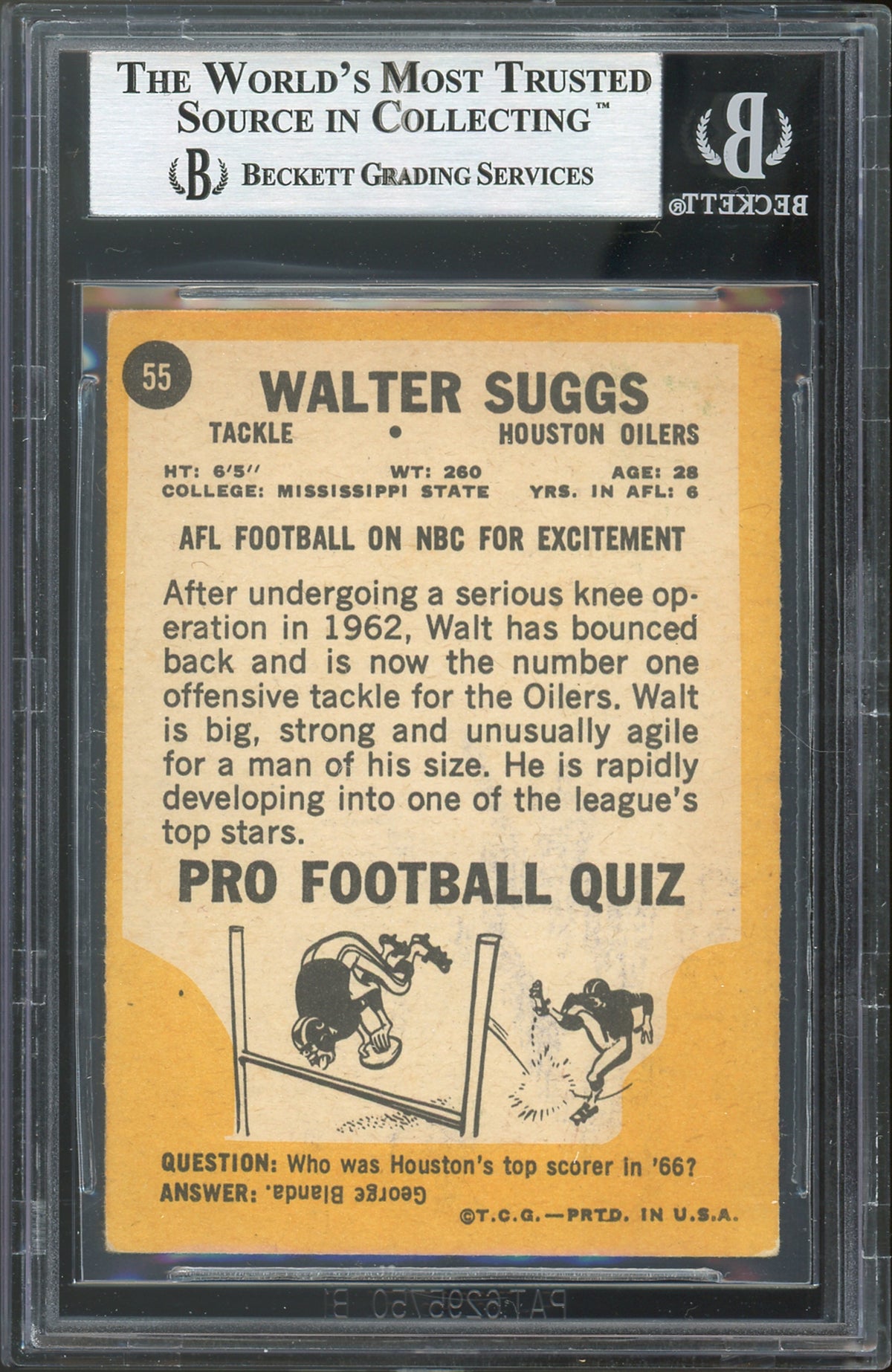 Oilers Walter Suggs 67/68 Pro Bowl Signed 1967 Topps #55 Card BAS Slabbed