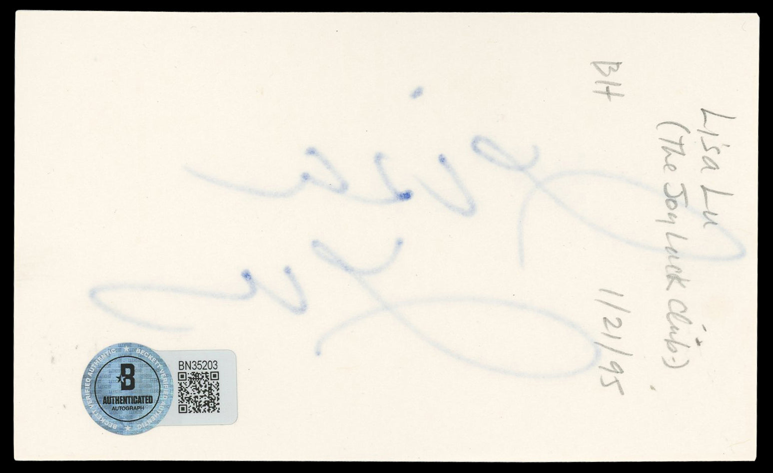 Lucy Liu Kill Bill Authentic Signed 3x5 Index Card Autographed BAS #BN35203