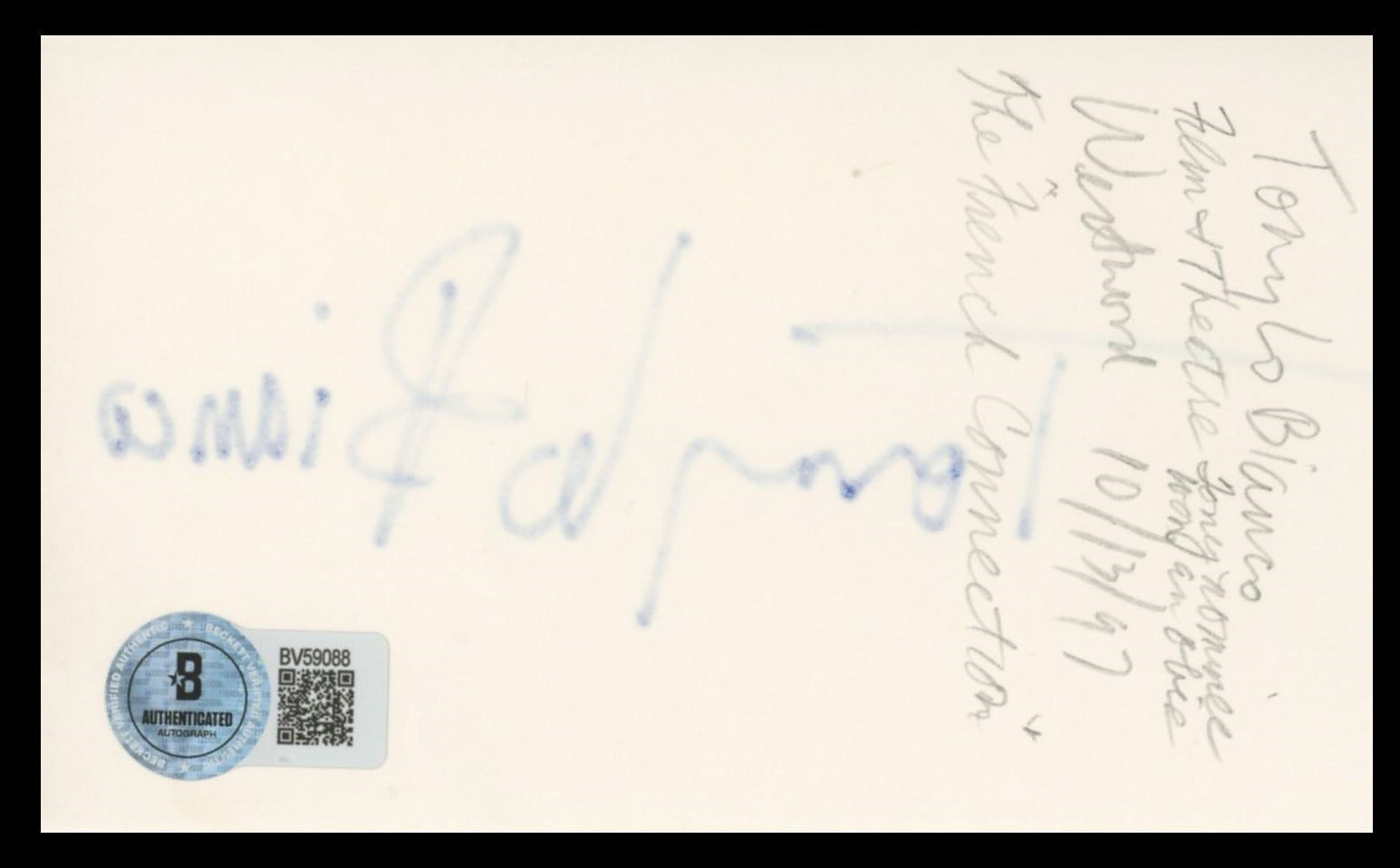 Tony Lo Bianco The French Connection Signed 3x5 Index Card BAS #BV59088