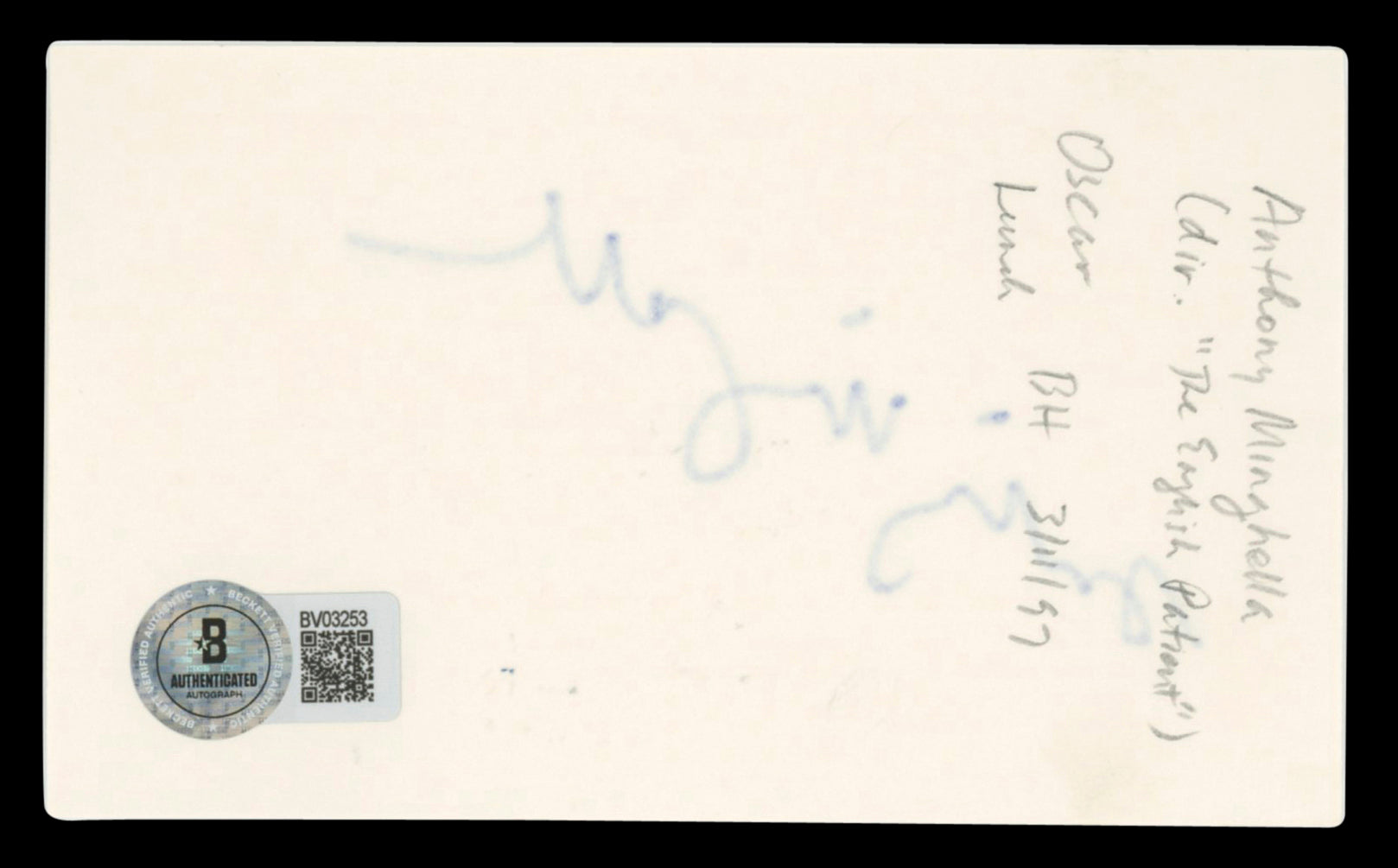 Anthony Minghella Authentic Signed 3x5 Index Card Autographed BAS #BV03253