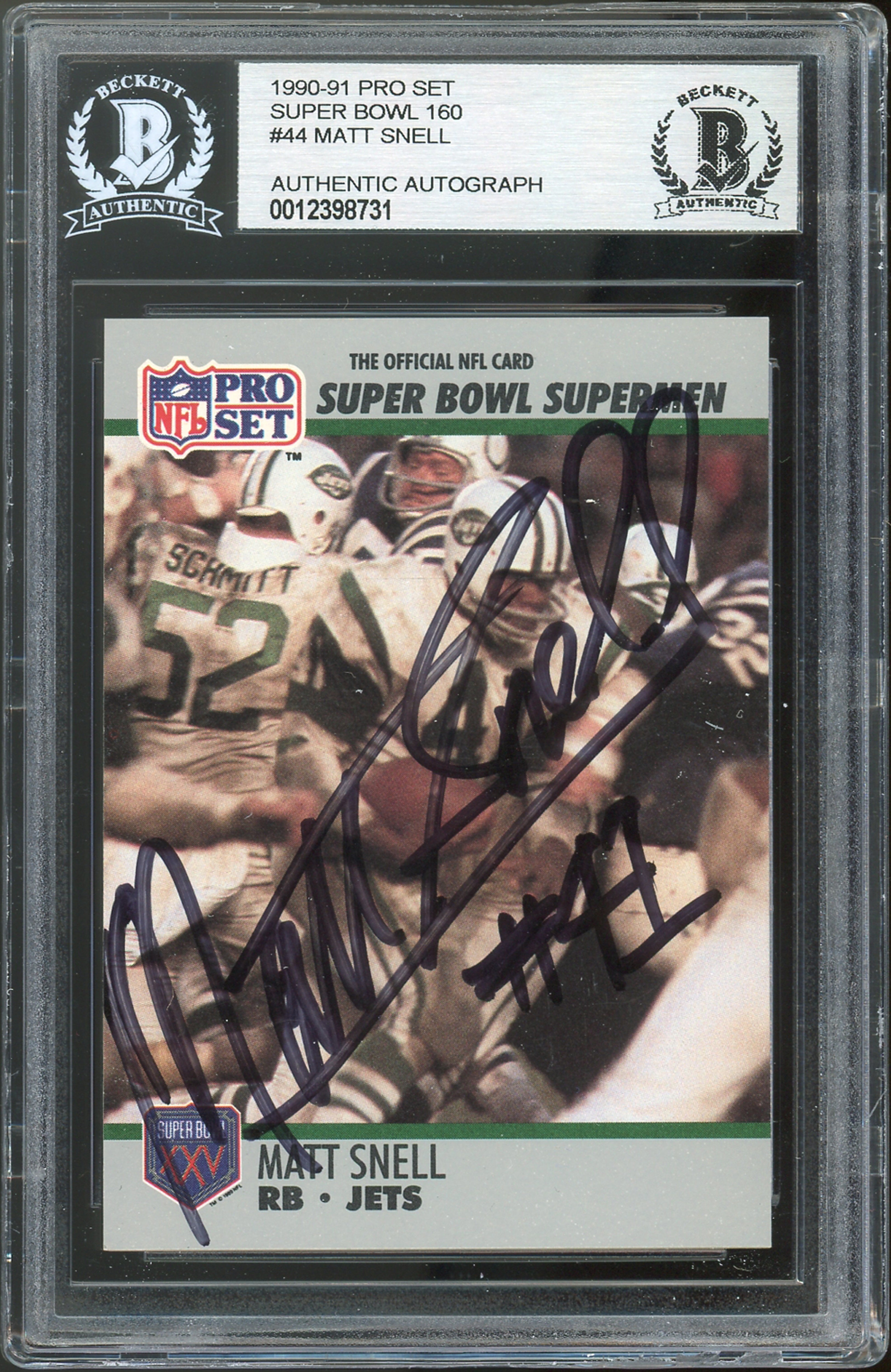 Jets Matt Snell Authentic Signed 1990 Pro Set Super Bowl 160 #44 Card BAS Slab