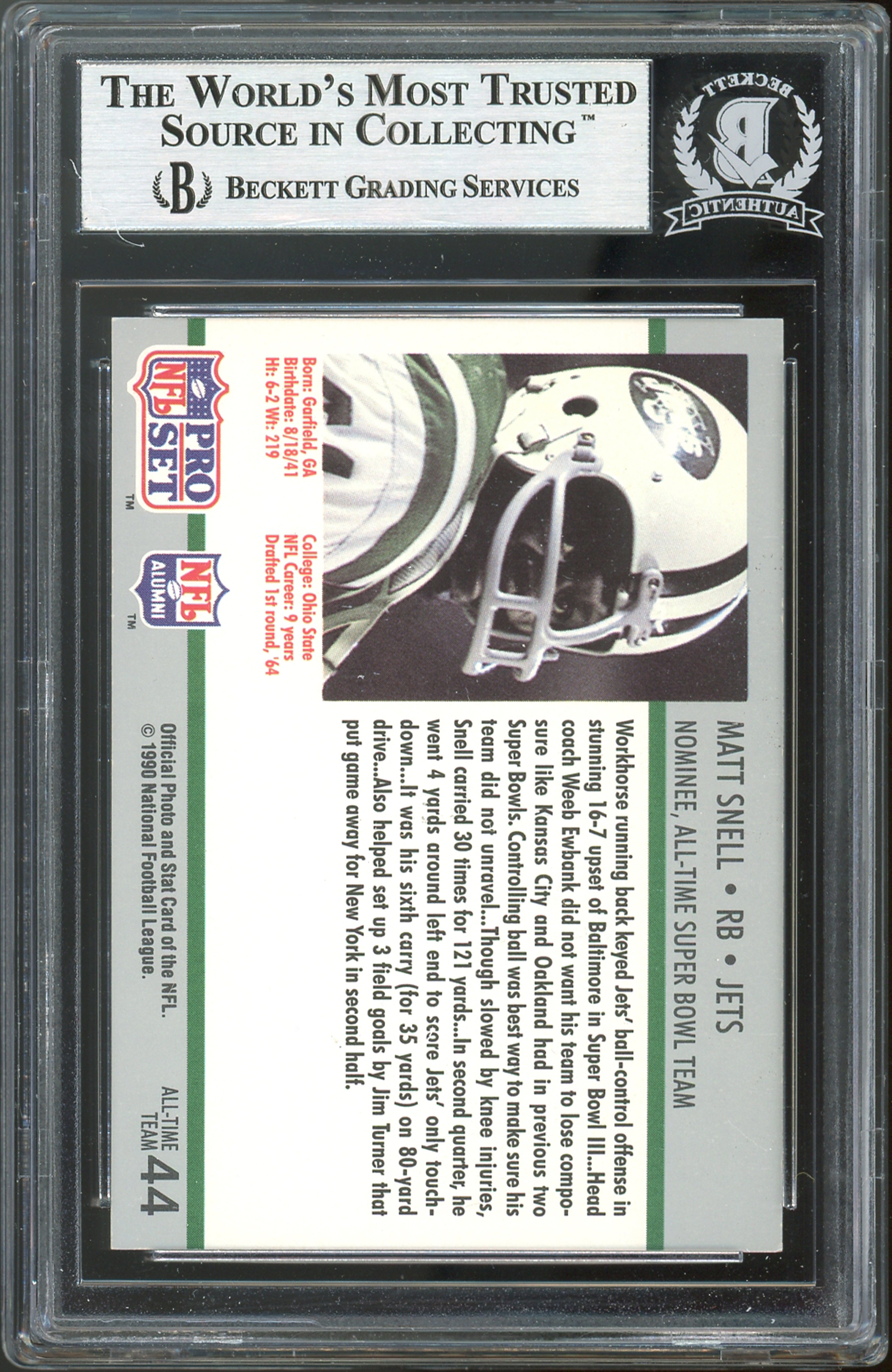 Jets Matt Snell Authentic Signed 1990 Pro Set Super Bowl 160 #44 Card BAS Slab