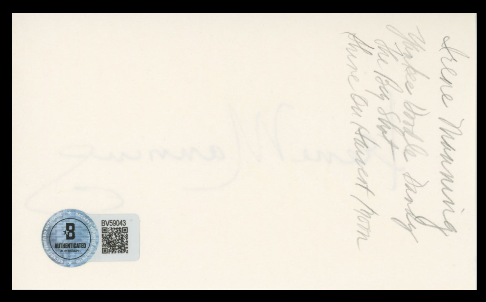 Irene Manning Yankee Doodle Dandy Authentic Signed 3x5 Index Card BAS #BV59043