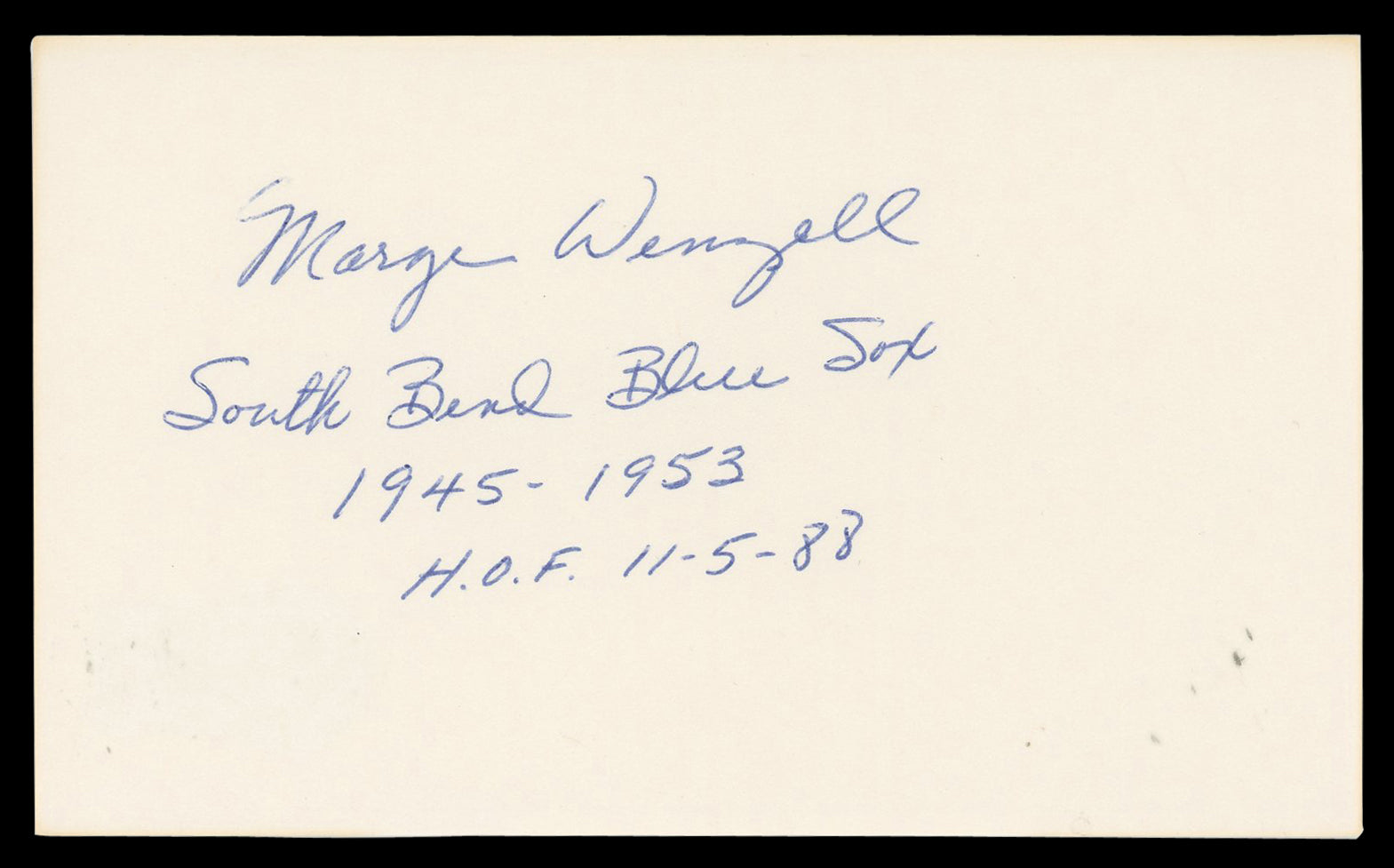 Margaret Wenzell "HOF 11-5-88" Authentic Signed 3x5 Index Card BAS #BN35220