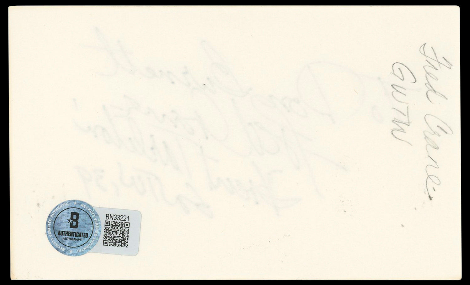 Fred Crane Gone with the Wind Signed 3x5 Index Card Autographed BAS #BN33221