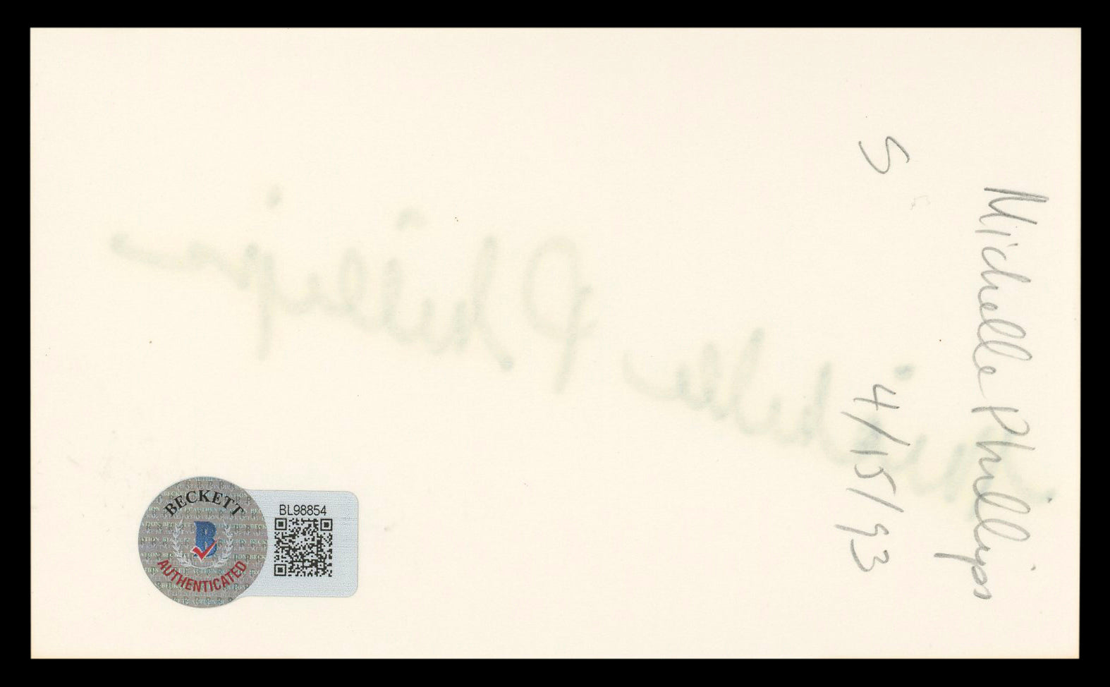 Michelle Phillips Knots Landing Authentic Signed 3x5 Index Card BAS #BL98854