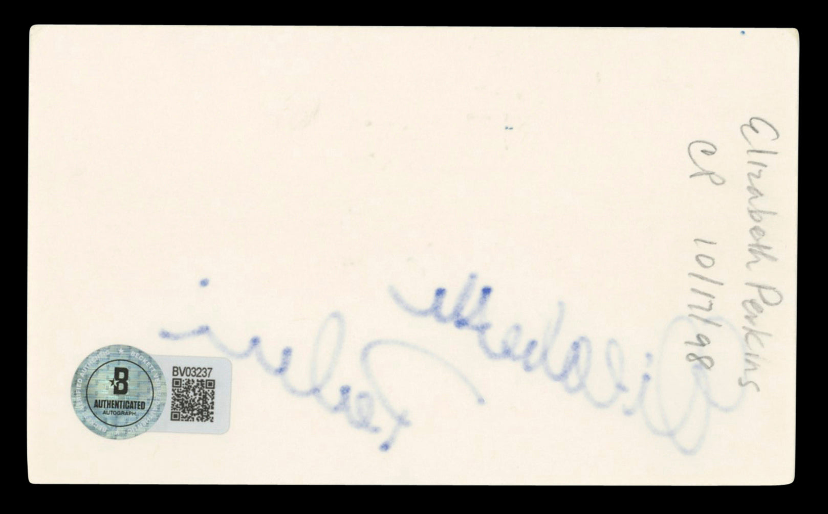 Elizabeth Perkins Big Authentic Signed 3x5 Index Card Autographed BAS #BV03237