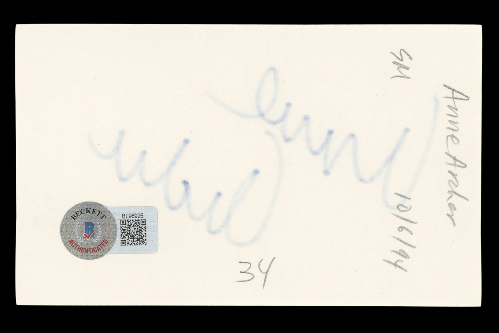 Anne Archer Fatal Attraction Authentic Signed 3x5 Index Card BAS #BL96925