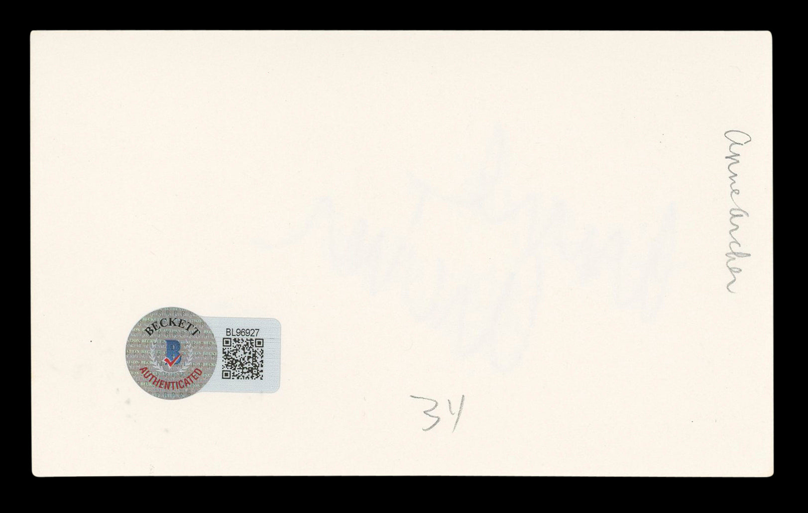 Anne Archer Fatal Attraction Authentic Signed 3x5 Index Card BAS #BL96927
