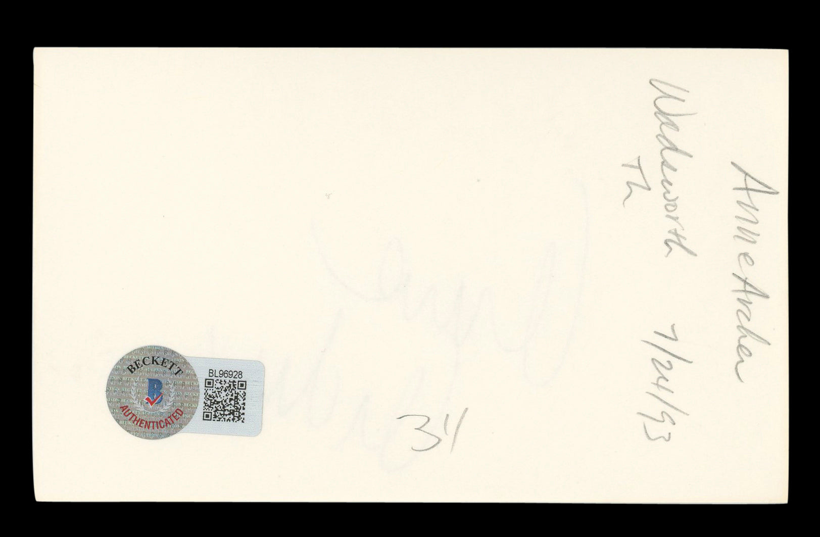 Anne Archer Fatal Attraction Authentic Signed 3x5 Index Card BAS #BL96928
