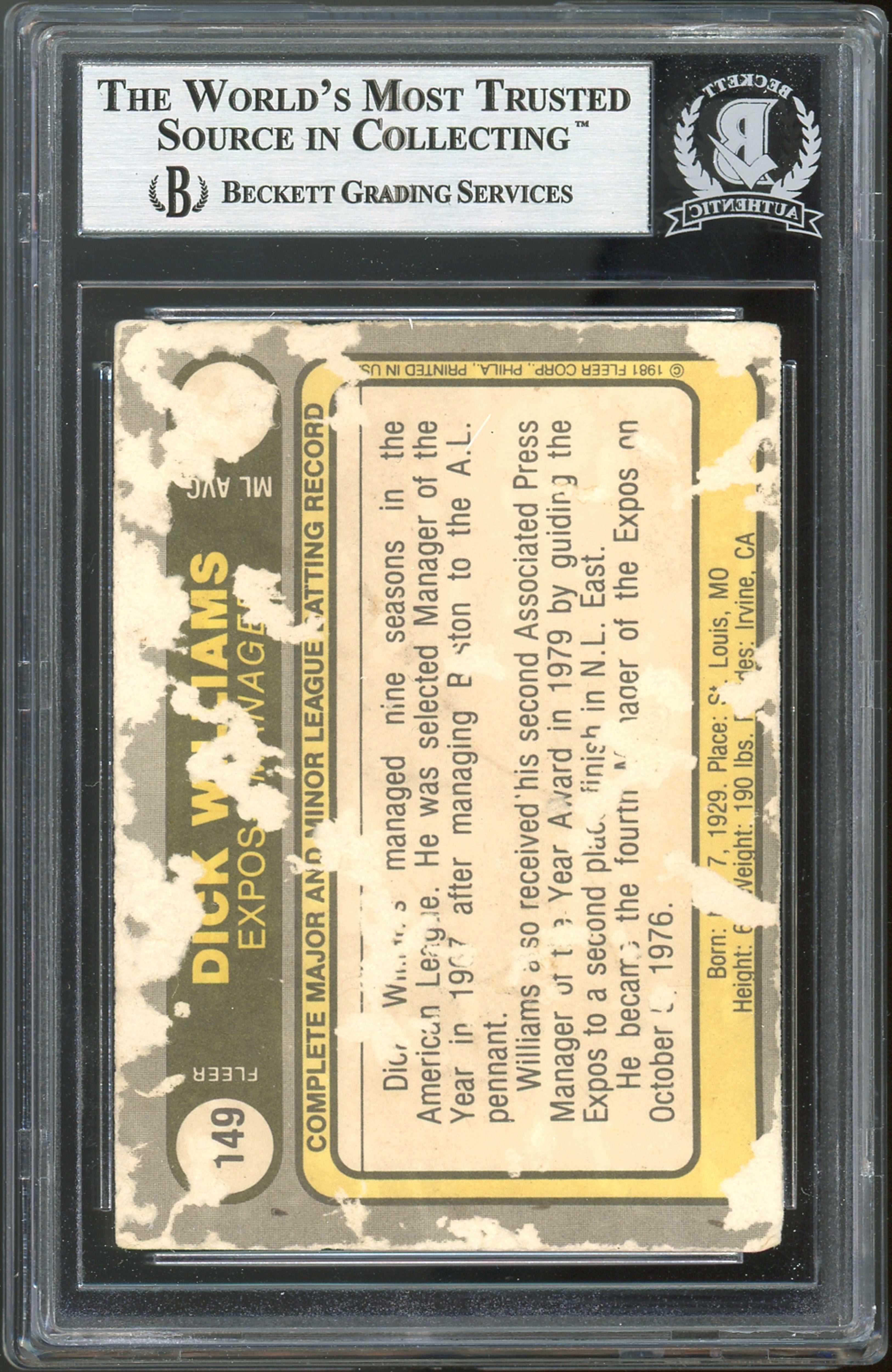 Expos Dick Williams Authentic Signed 1981 Fleer #149 Card BAS Slabbed