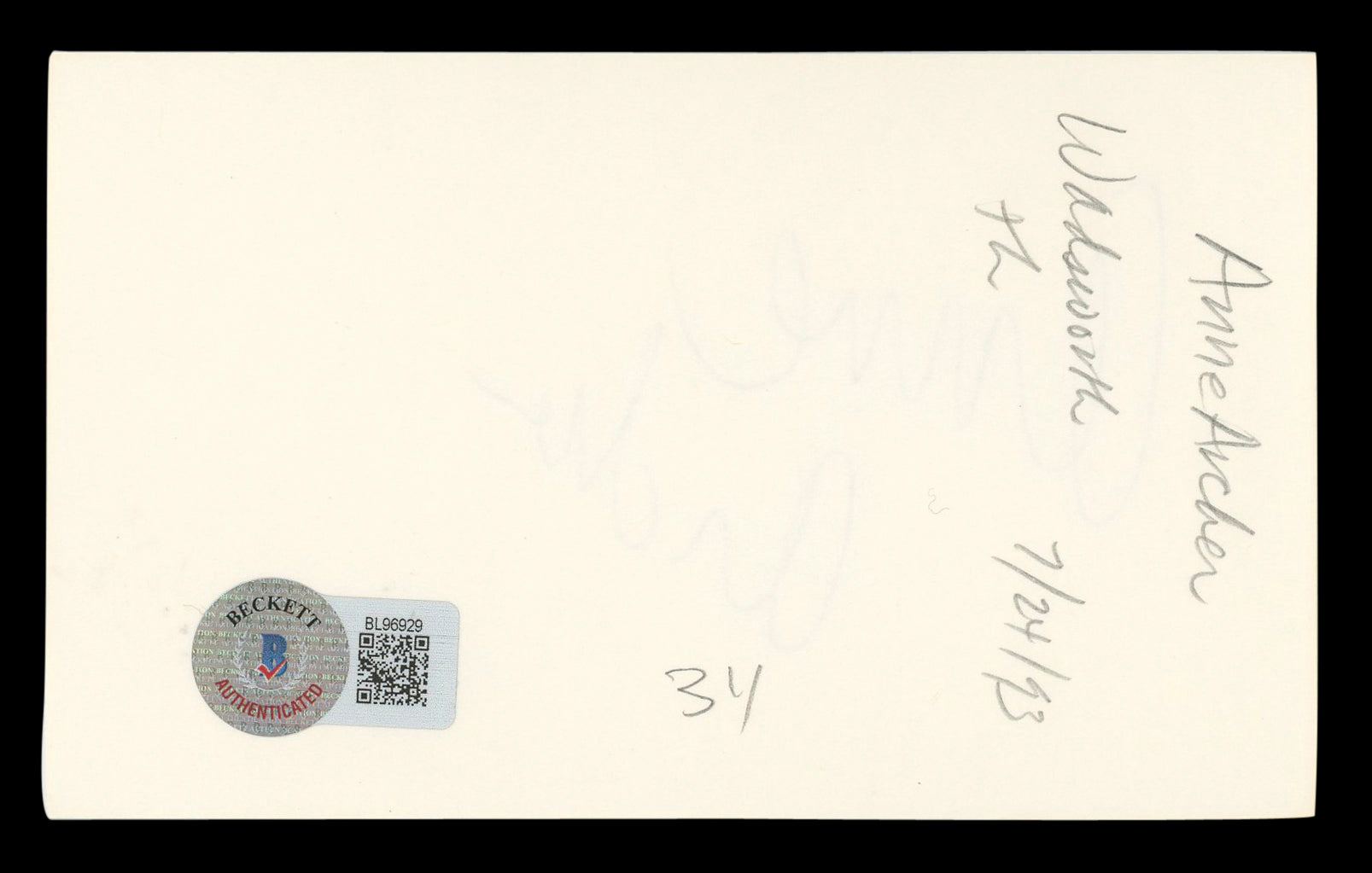 Anne Archer Fatal Attraction Authentic Signed 3x5 Index Card BAS #BL96929