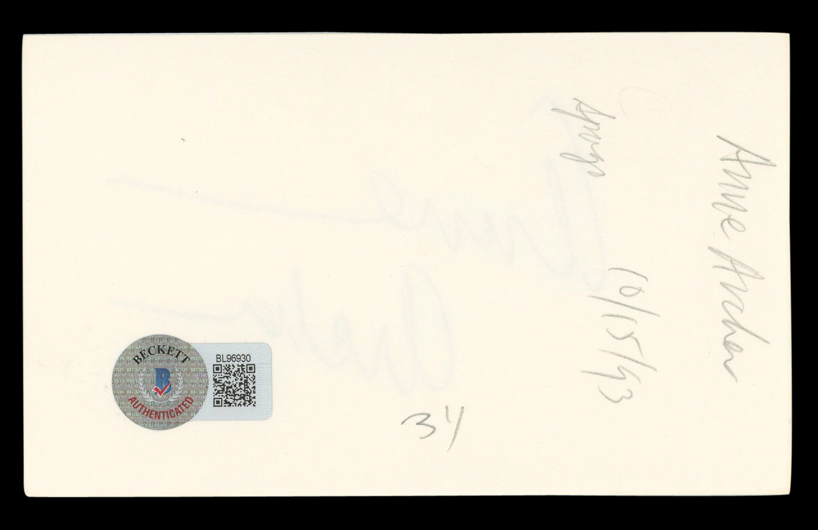 Anne Archer Fatal Attraction Authentic Signed 3x5 Index Card BAS #BL96930