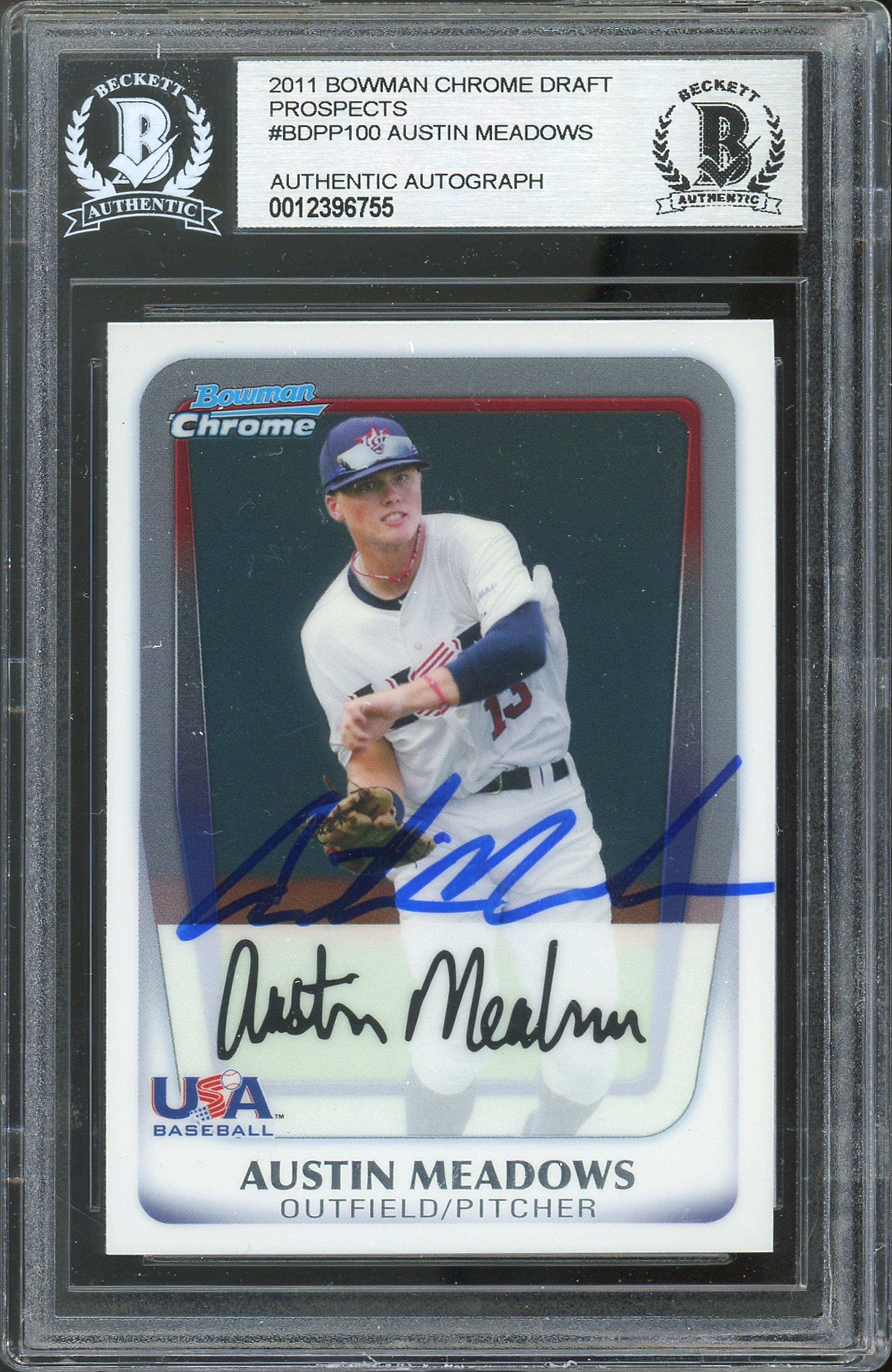 Rays Austin Meadows Signed 2011 Bowman Chrome DP #BDPP100 Card BAS Slabbed