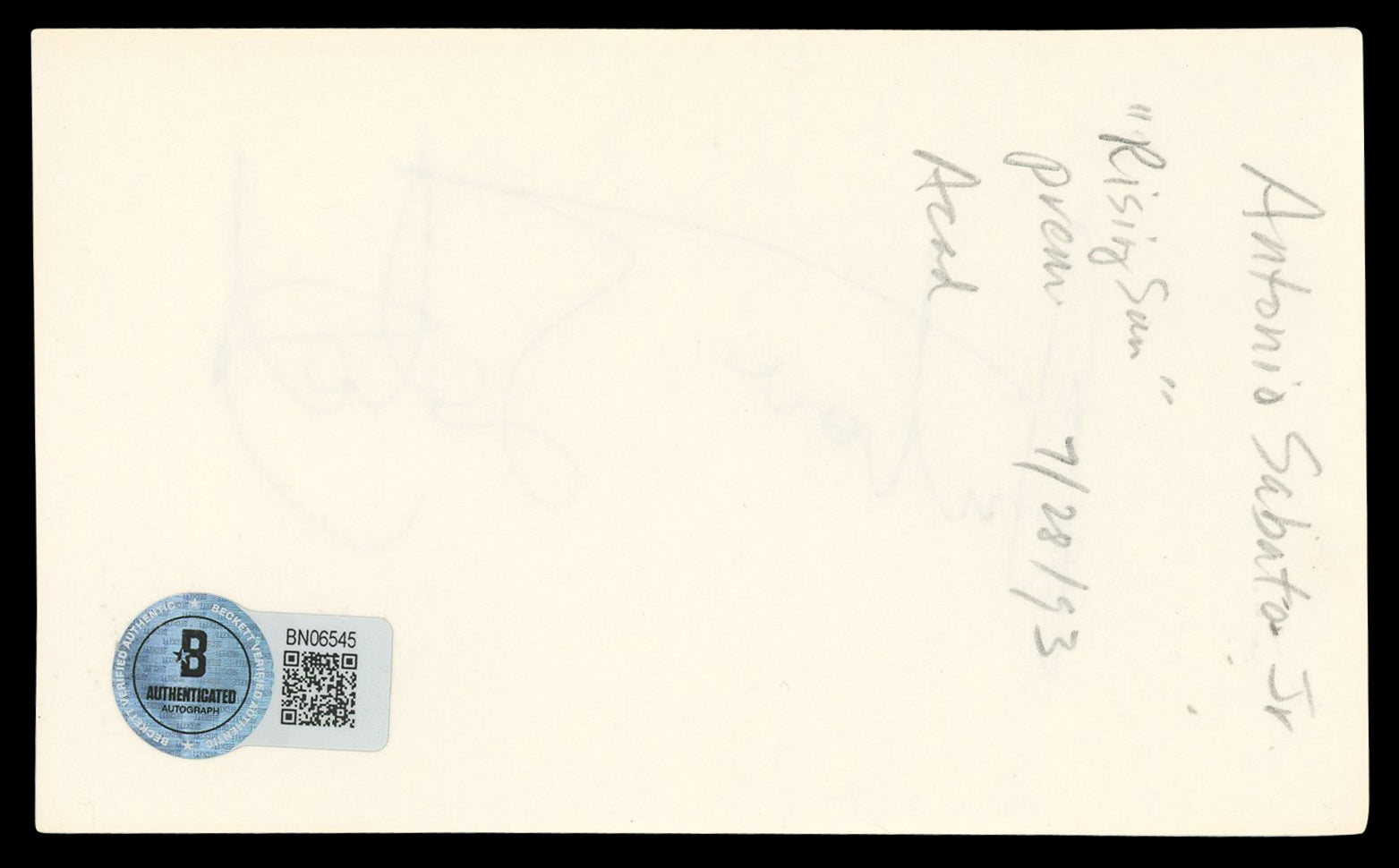Antonio Sabato Jr. The Big Hit Authentic Signed 3x5 Index Card BAS #BN06545