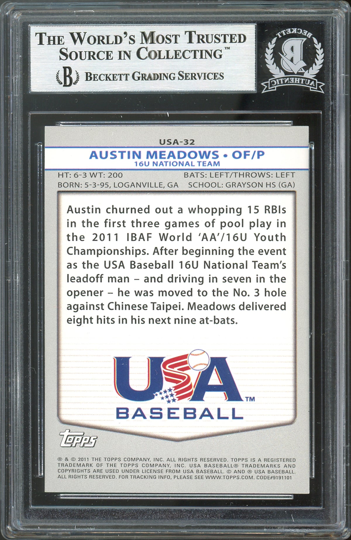 Rays Austin Meadows Authentic Signed 2011 USA Baseball #USA32 Card BAS Slabbed
