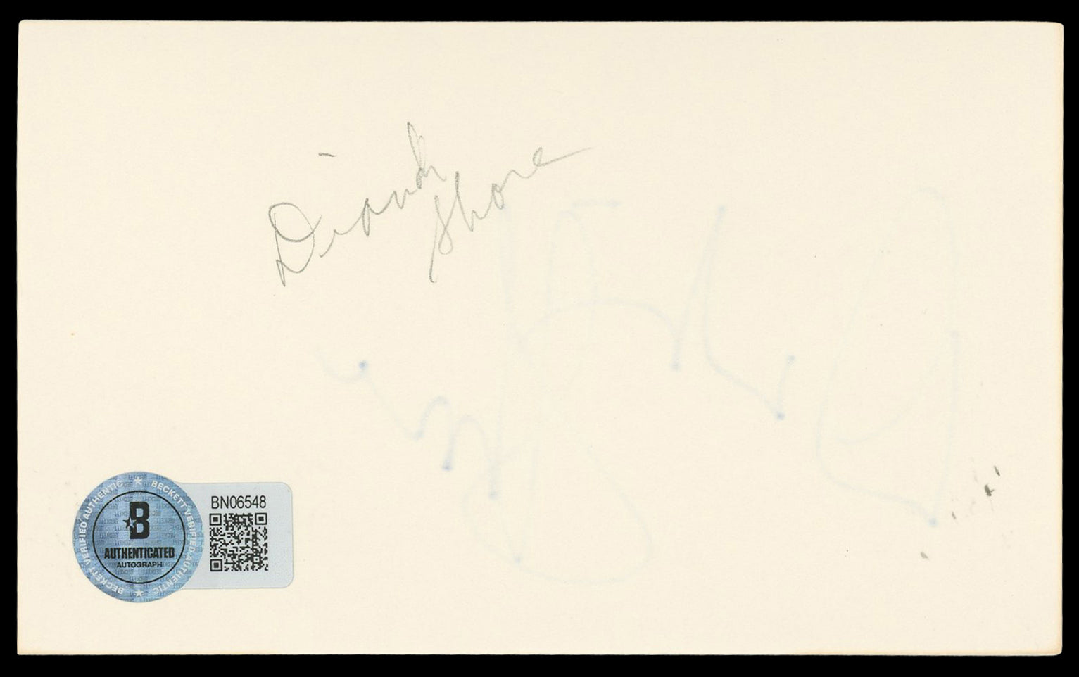 Dinah Shore Belle of the Yukon Authentic Signed 3x5 Index Card BAS #BN06548