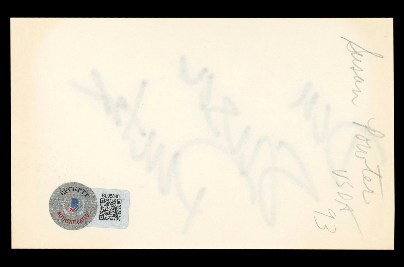 Susan Powter "Don" Authentic Signed 3x5 Index Card Autographed BAS #BL98840