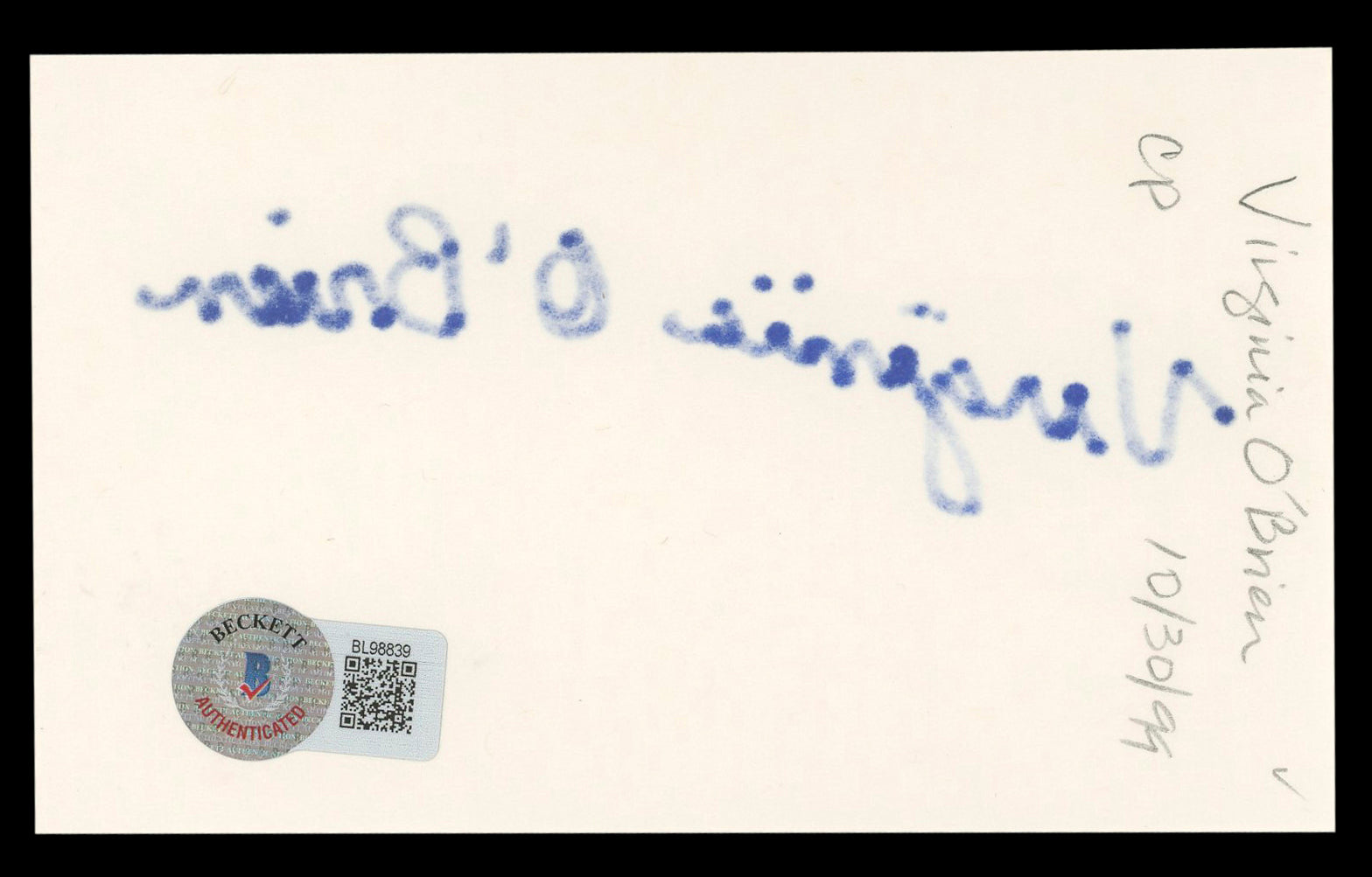 Virginia O'Brien The Harvey Girls Authentic Signed 3x5 Index Card BAS #BL98839