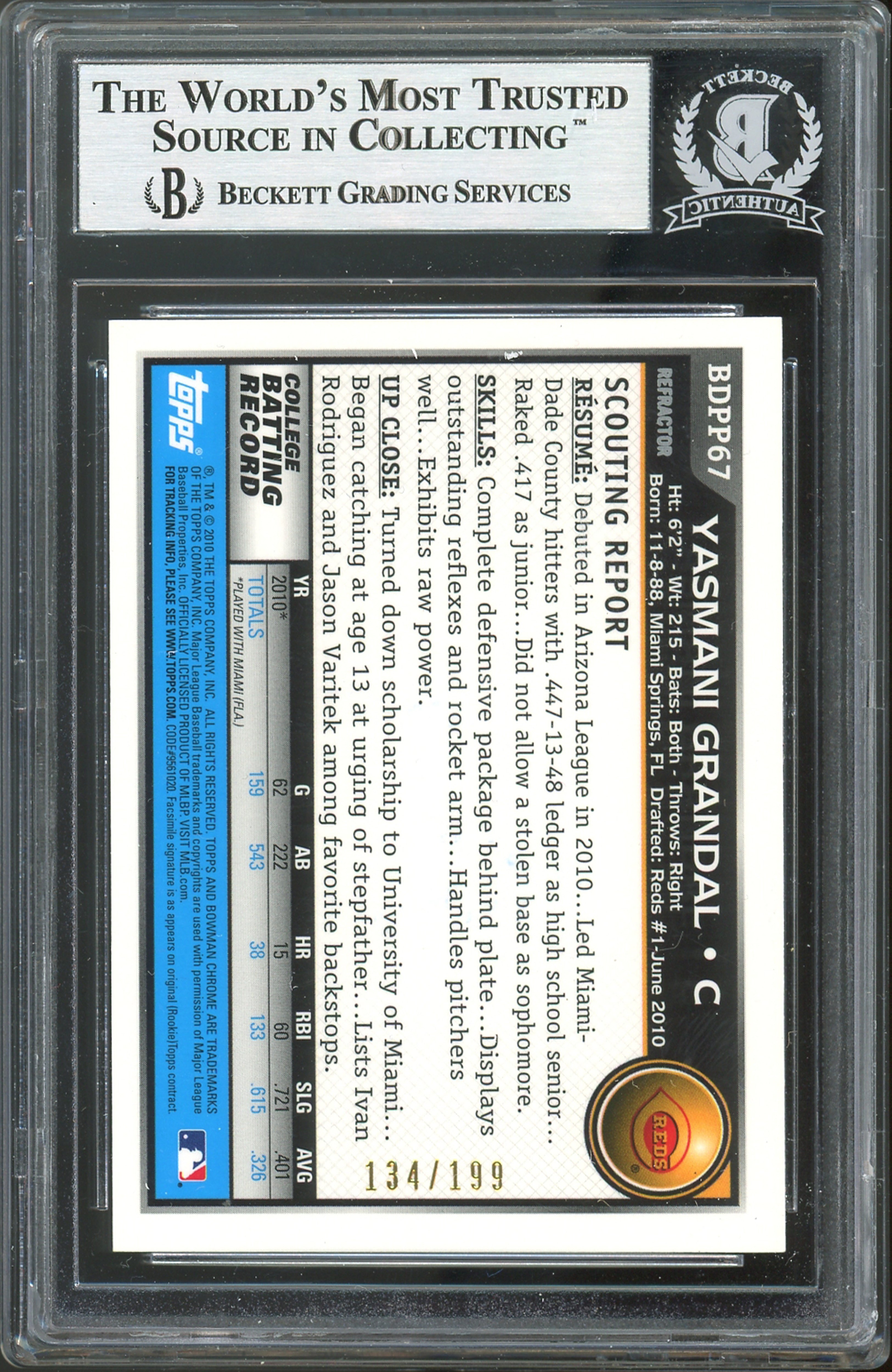 Yasmani Grandal Signed 2010 Bowman Chrome DP Refractors #BDPP67 RC Card BAS Slab