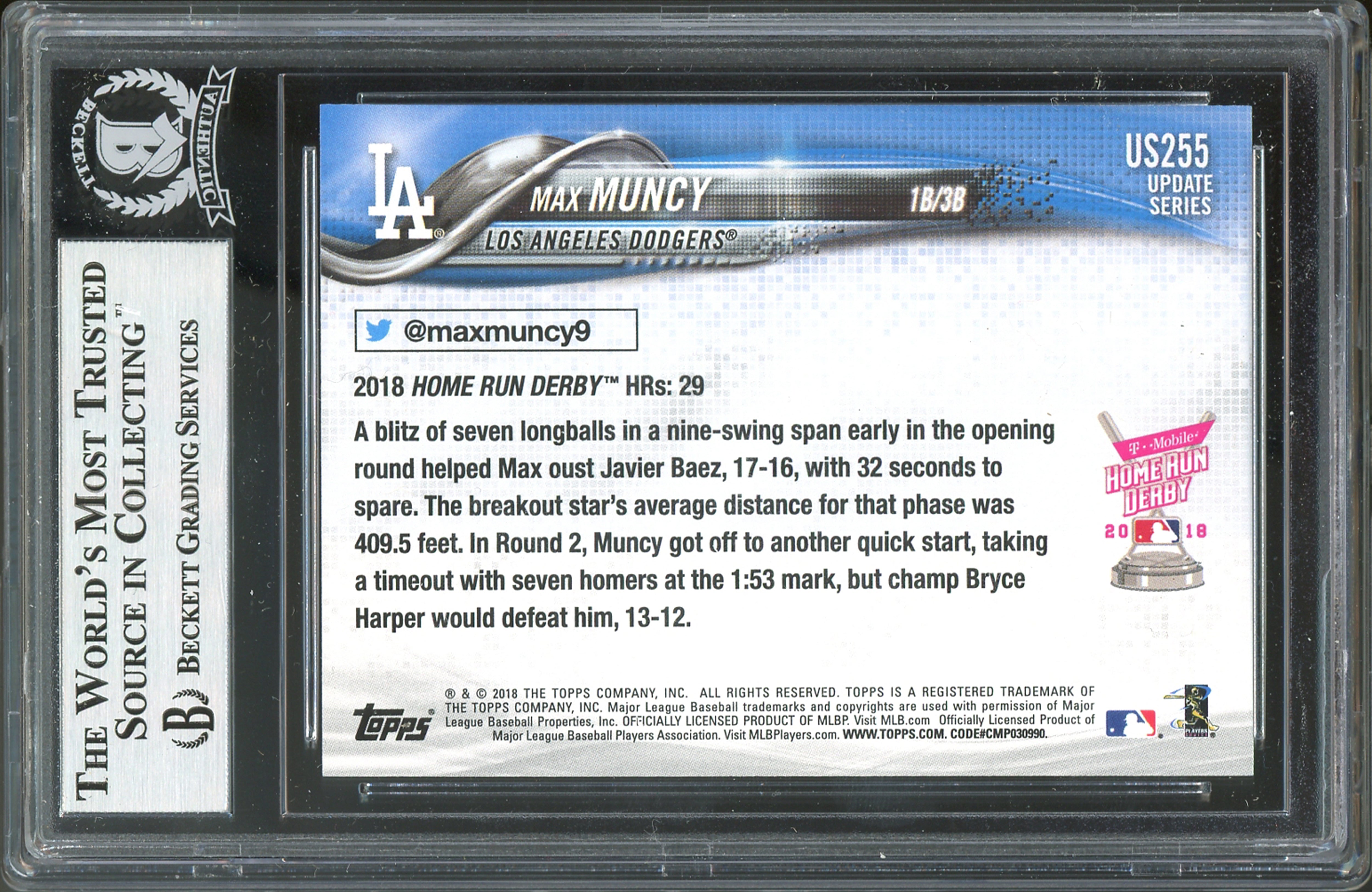 Dodgers Max Muncy Authentic Signed 2018 Topps Update #US255 Card BAS Slabbed