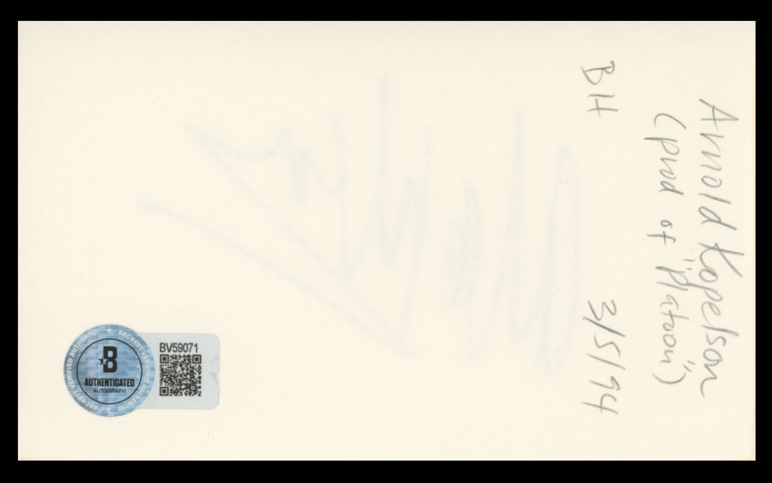 Arnold Kopelson Platoon Authentic Signed 3x5 Index Card BAS #BV59071