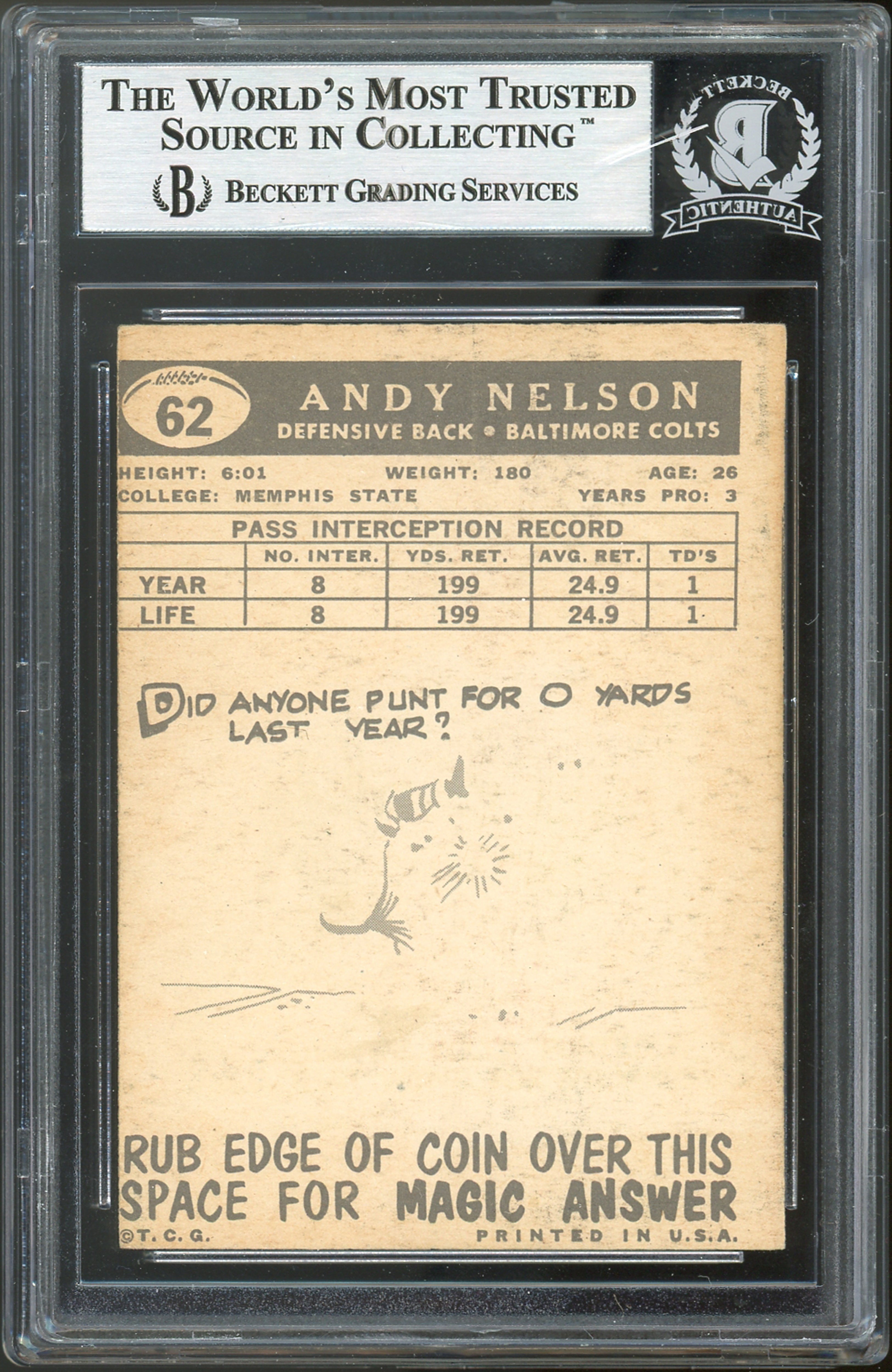 Colts Andy Nelson Authentic Signed 1959 Topps #62 Card BAS Slabbed
