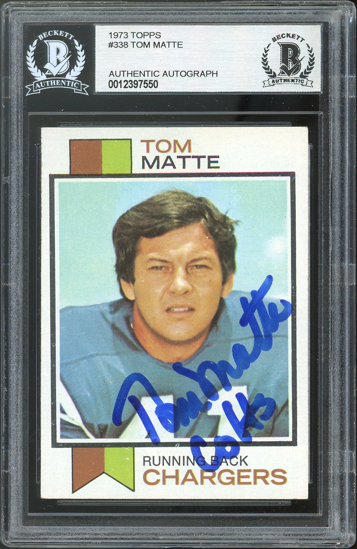 Chargers Tom Matte Authentic Signed 1973 Topps #338 Card BAS Slabbed