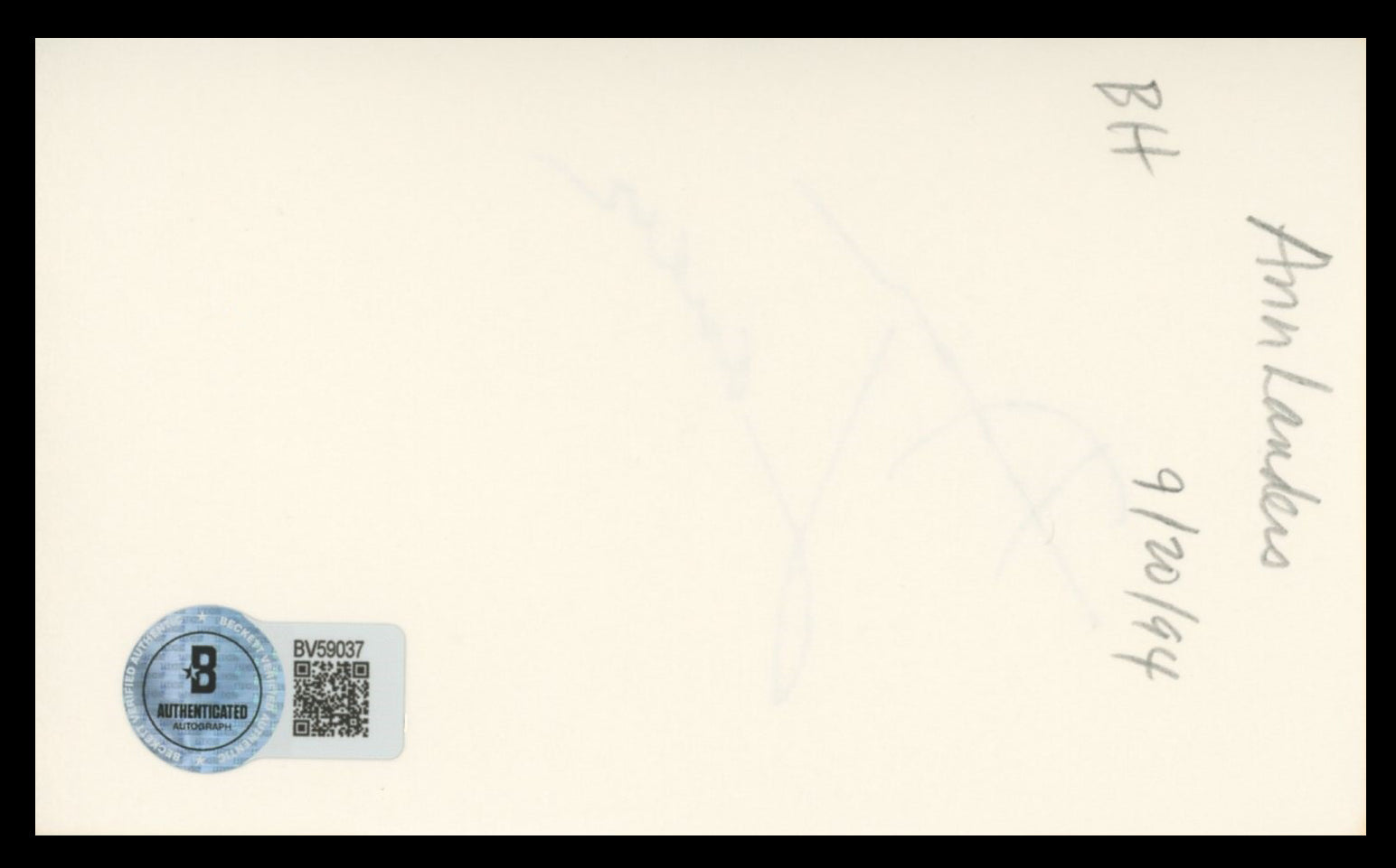 Ann Landers What's My Line? Authentic Signed 3x5 Index Card BAS #BV59037