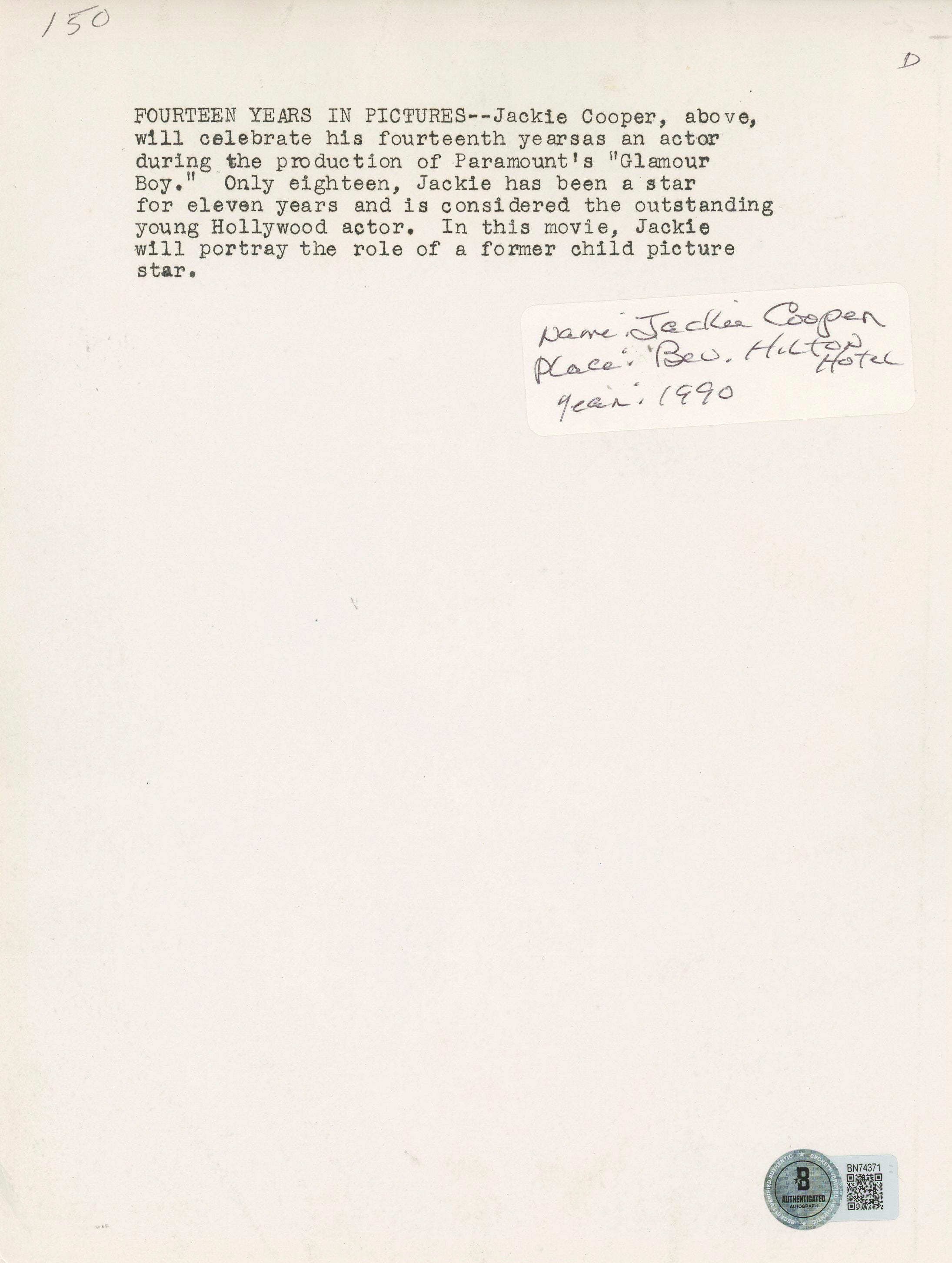 Jackie Cooper Superman "Best Always" Authentic Signed 7.5x10 Photo BAS #BN74371