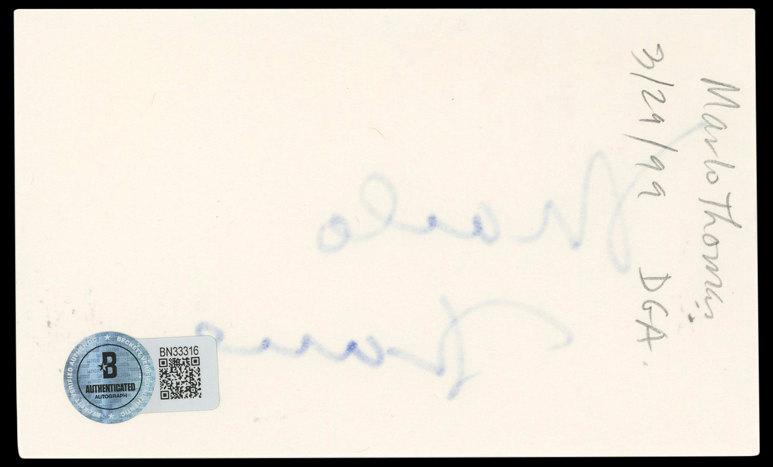 Marlo Thomas That Girl Authentic Signed 3x5 Index Card Autographed BAS #BN33316