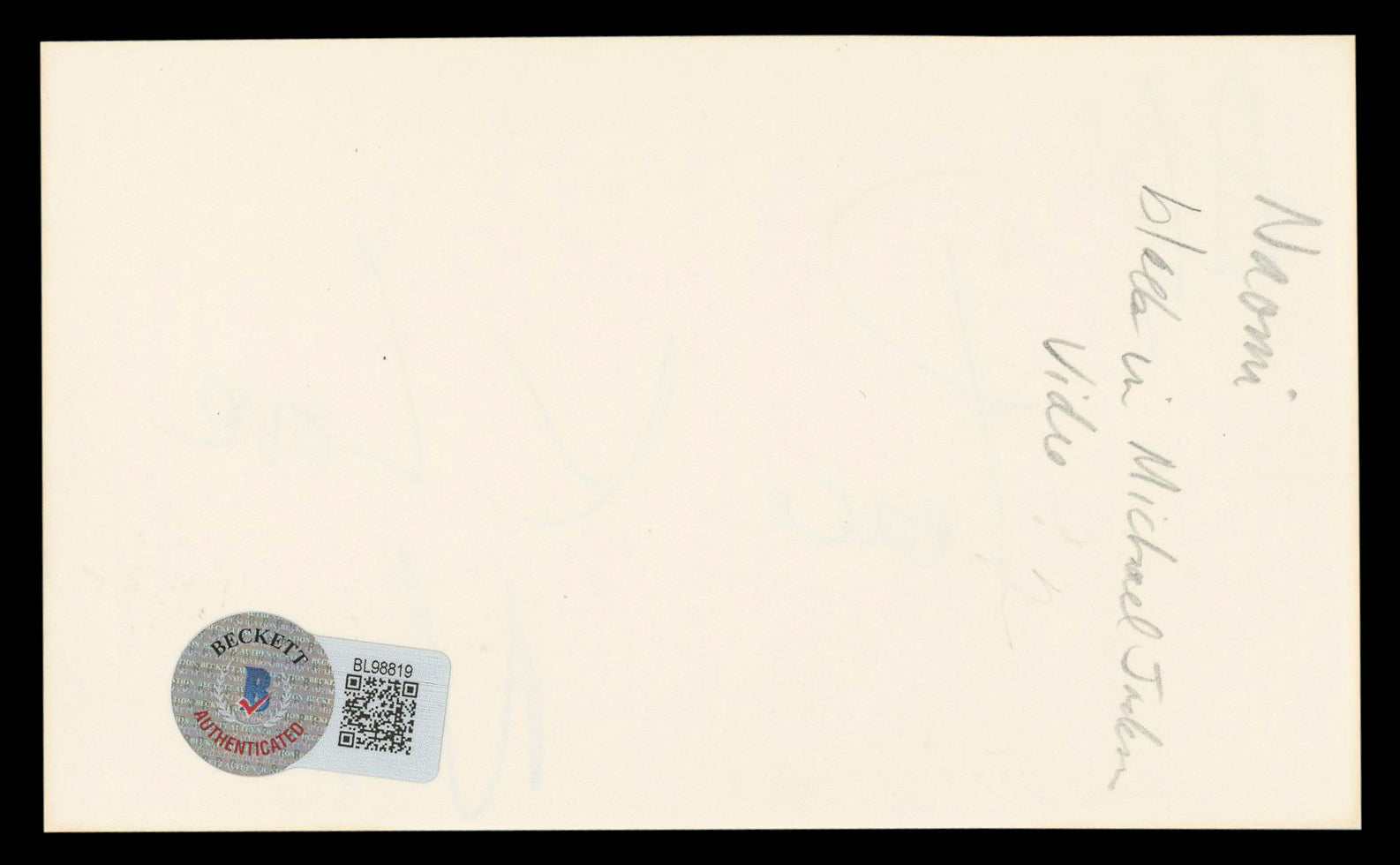 Naomi Campbell Vogue Magazine "Peace x Love" Signed 3x5 Index Card BAS #BL98819