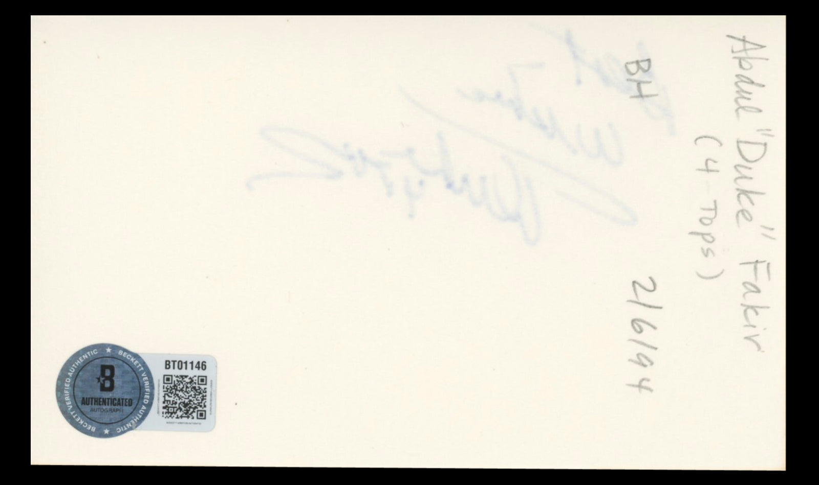 Abdul "Duke" Fakir The Four Tops Best Wishes Authentic Signed 3x5 Index Card BAS #BT01146