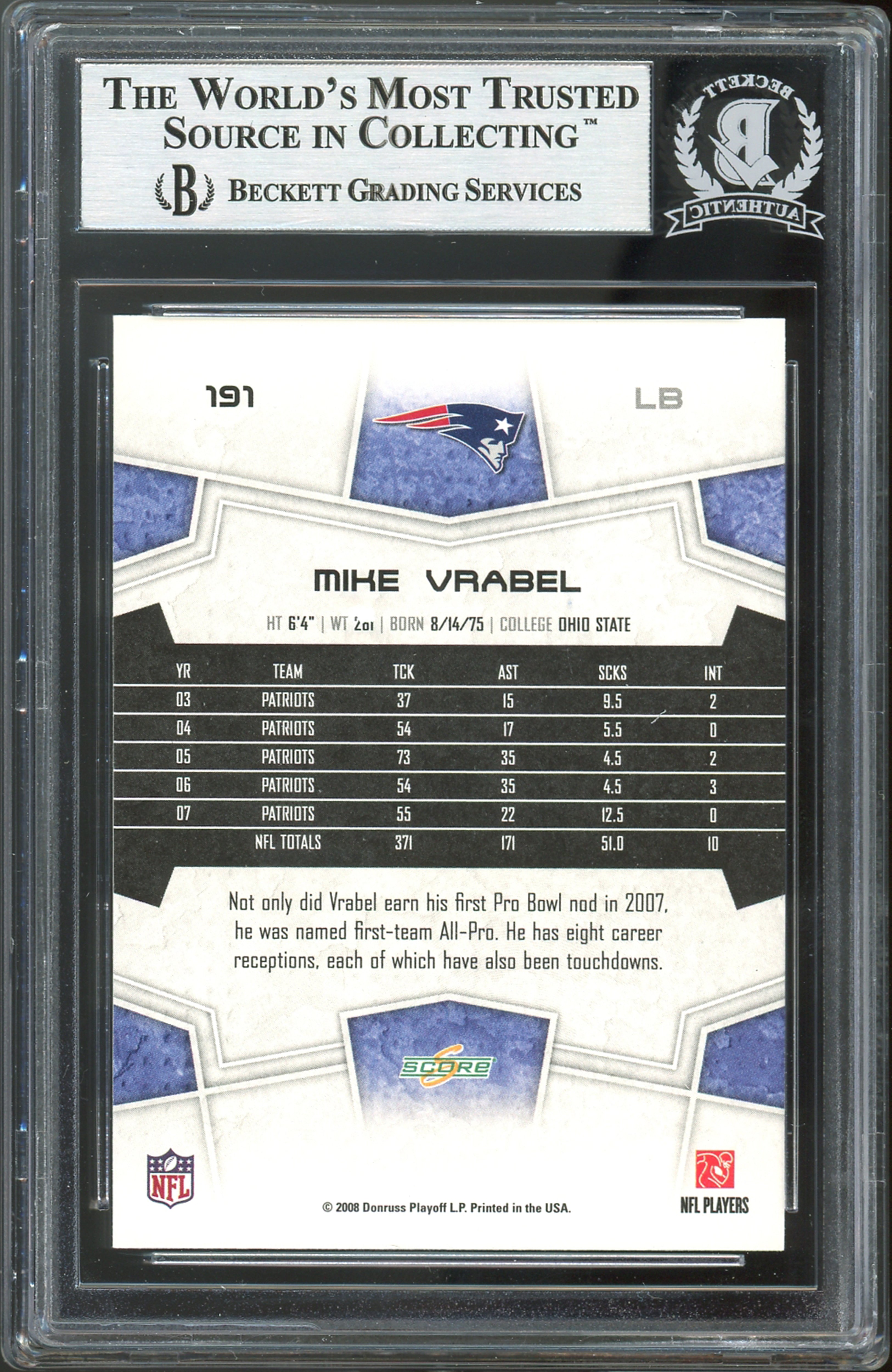 Patriots Mike Vrabel Signed 2008 Score Super Bowl XLIII Blue #191 Card BAS Slab