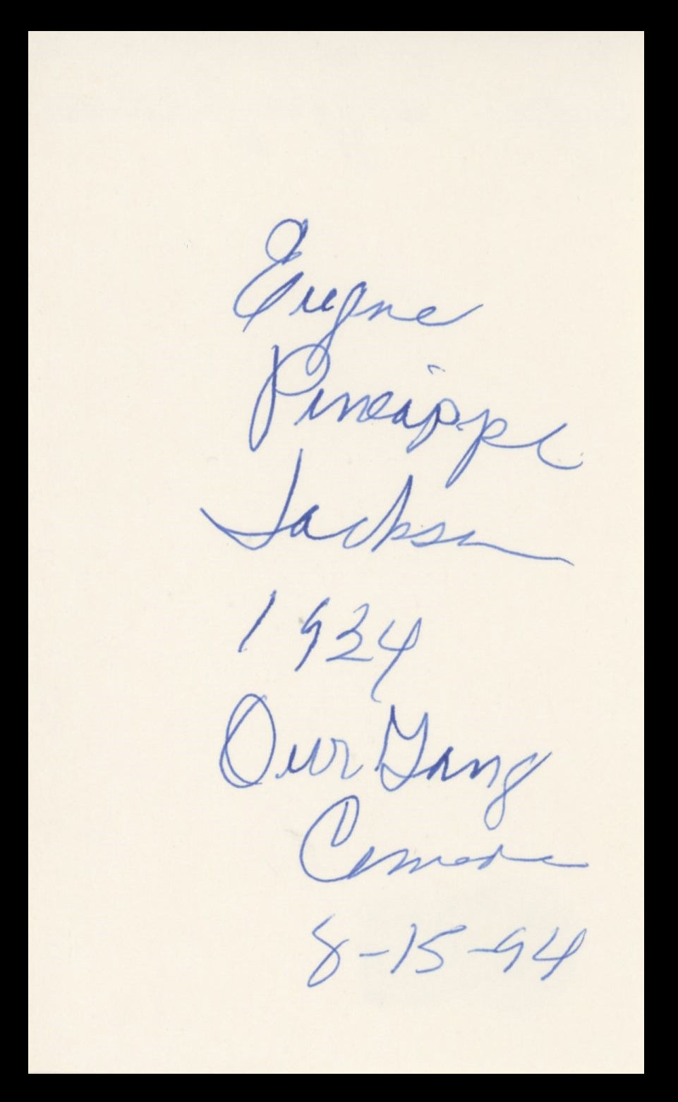 Eugene Pineapple Jackson Authentic Signed 3x5 Index Card BAS #BV59015