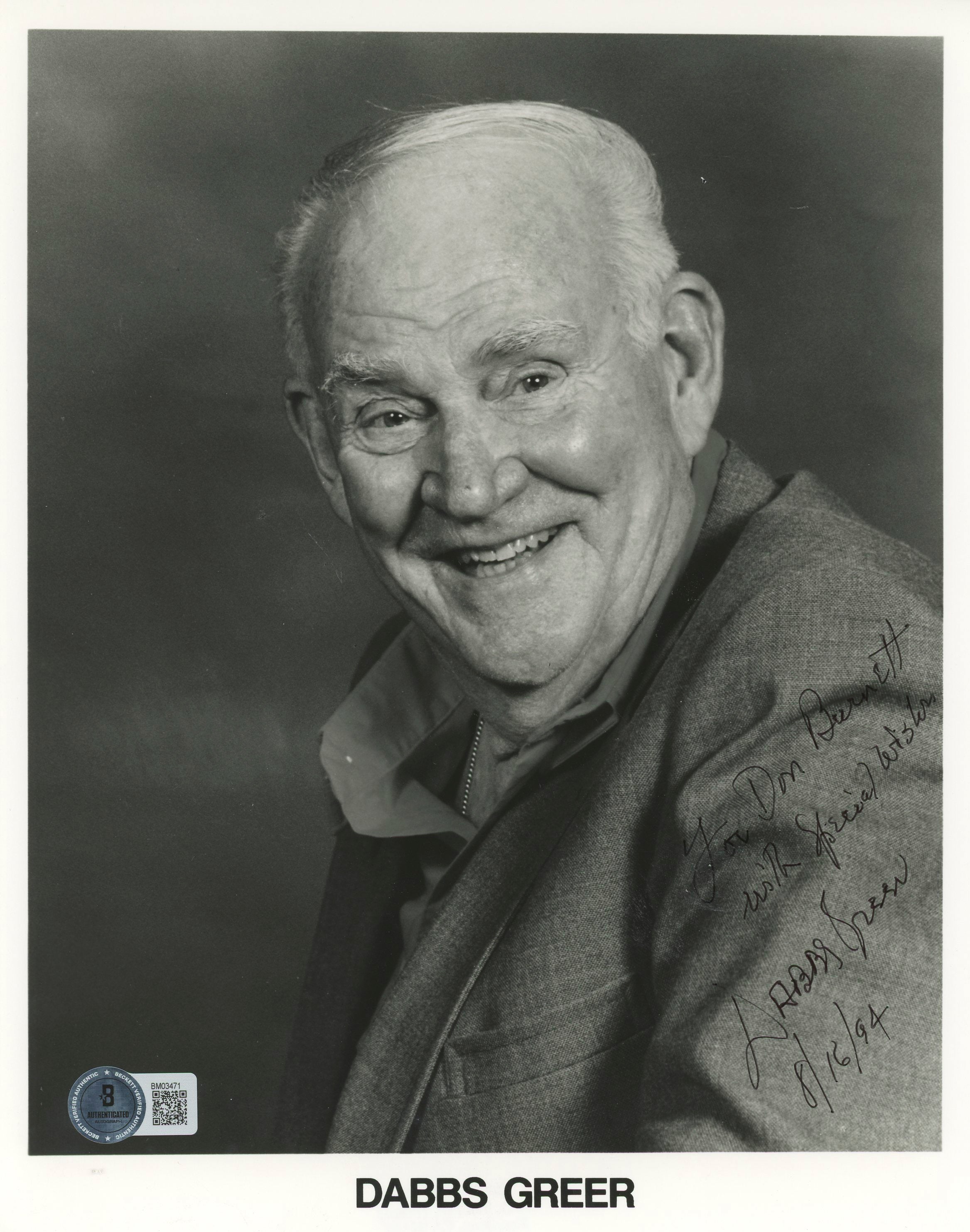 Dabbs Greer The Green Mile With Best Wishes Signed 8x10 Photo BAS #BM03471
