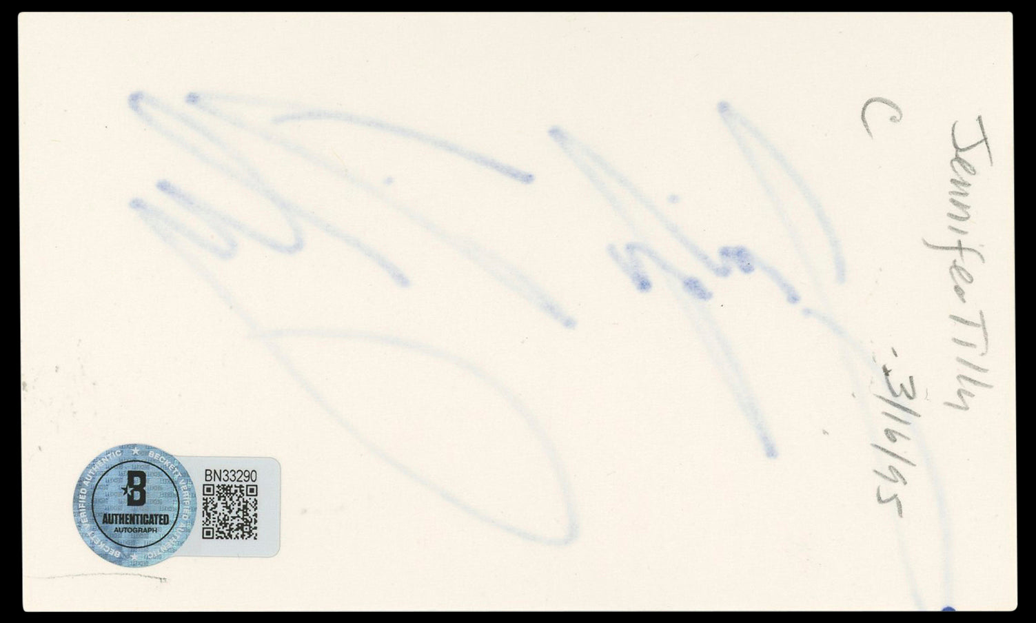 Jennifer Tilly Bride of Chucky Authentic Signed 3x5 Index Card BAS #BN33290