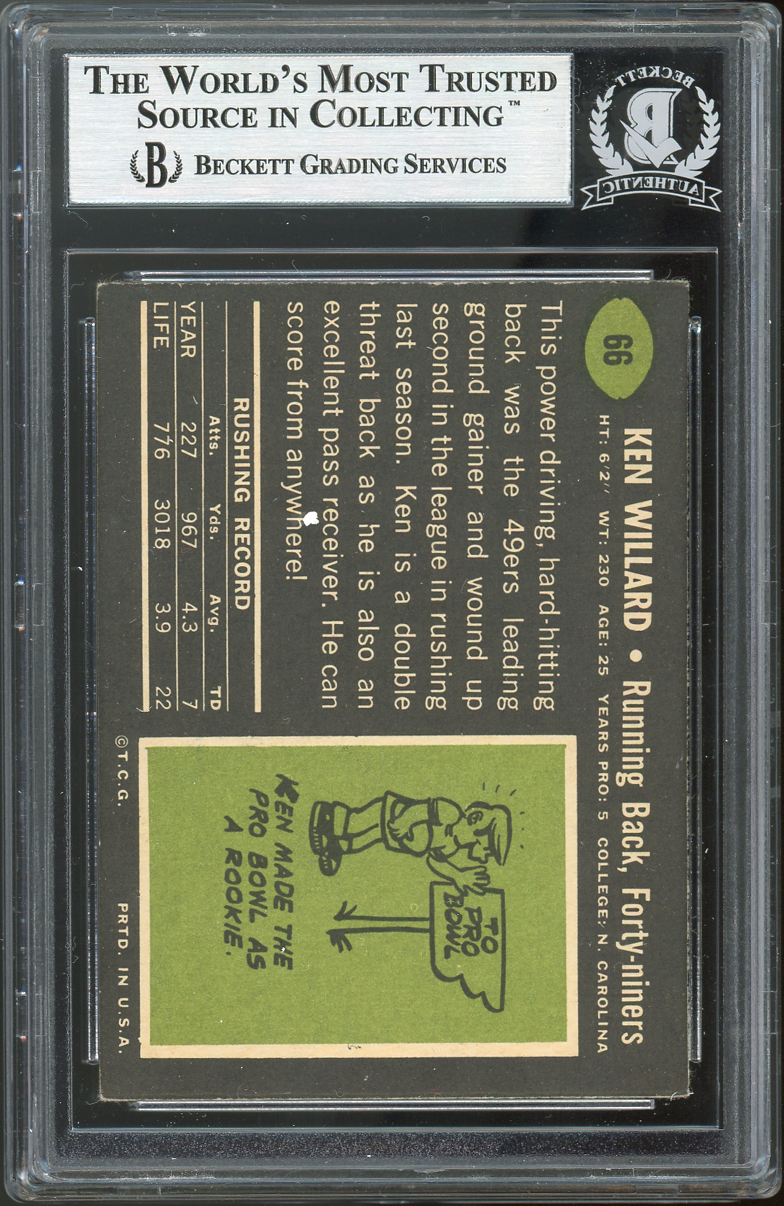 49ers Ken Willard '65-'73 Authentic Signed 1969 Topps #66 Card BAS Slabbed