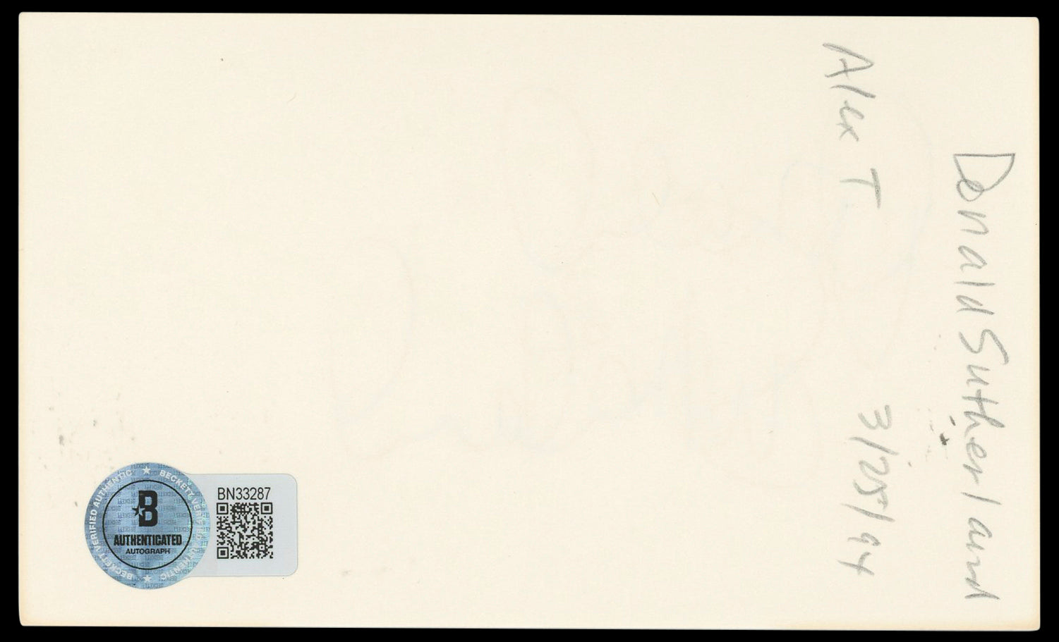 Donald Sutherland The Hunger Games Authentic Signed 3x5 Index Card BAS #BN33287