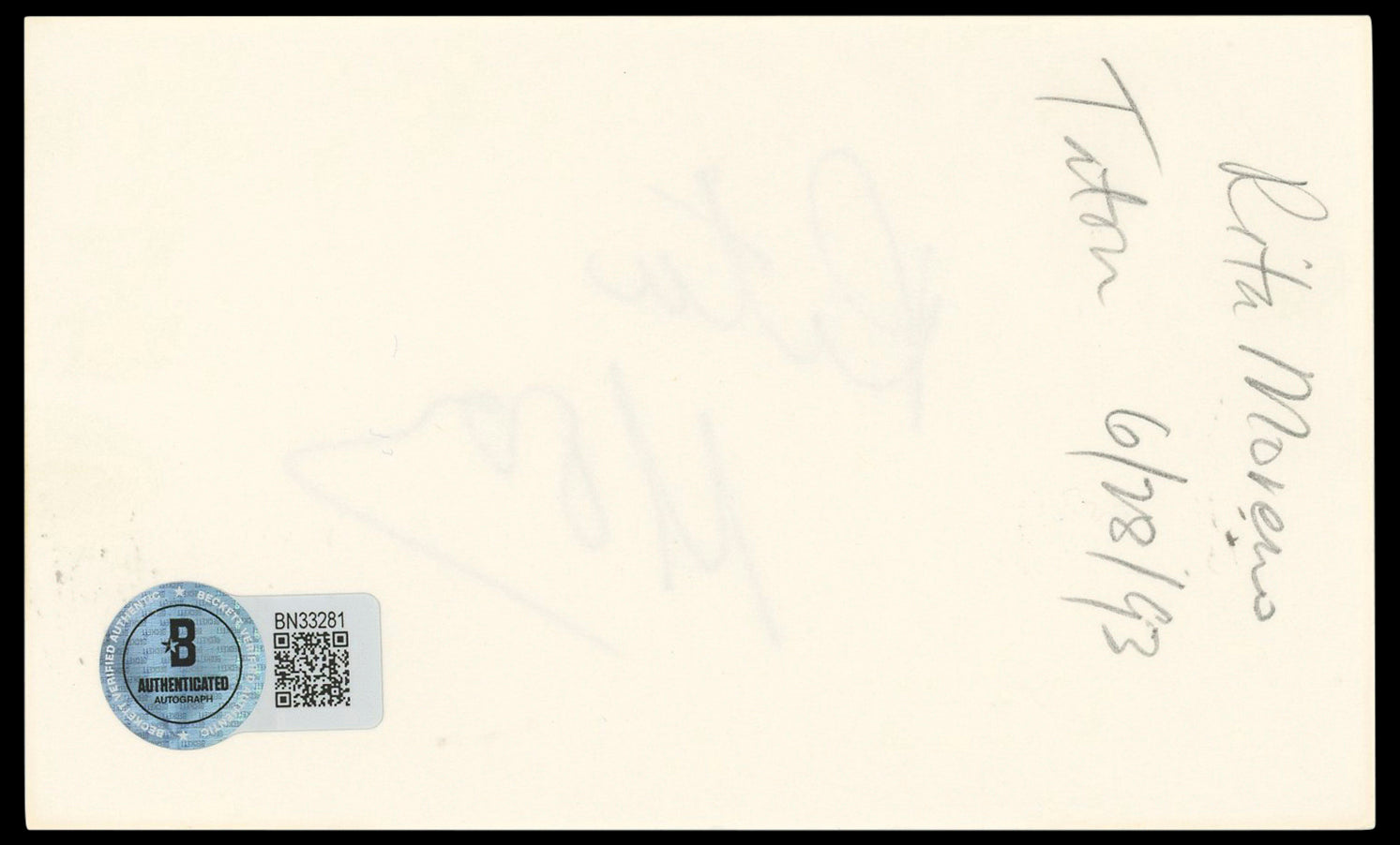Rita Moreno West Side Story Authentic Signed 3x5 Index Card BAS #BN33281
