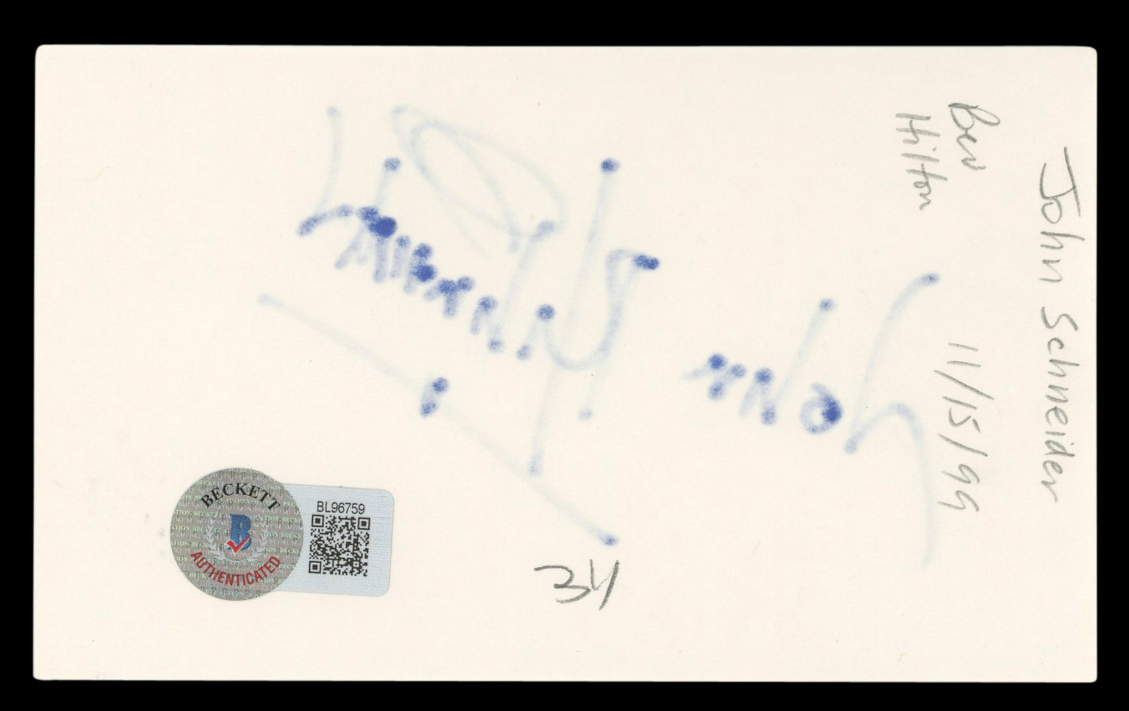 John Schneider The Dukes Of Hazzard Authentic Signed 3x5 Index Card BAS #BL96759