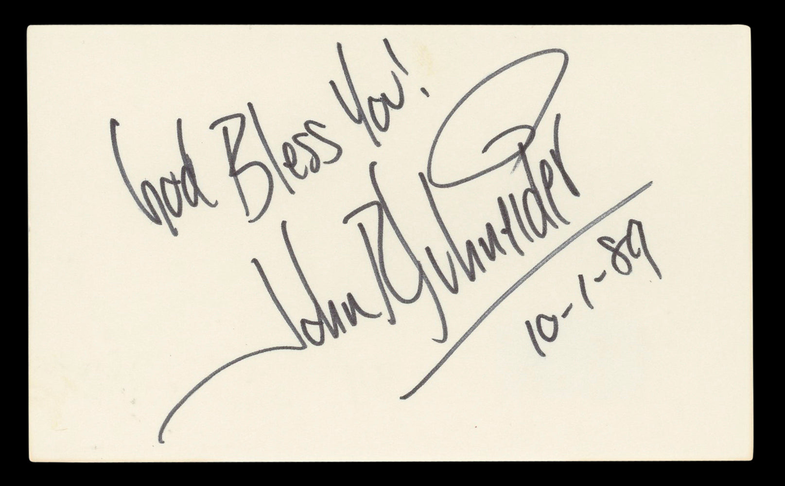 John Schneider "God Bless You!" Authentic Signed 3x5 Index Card BAS #BL96763