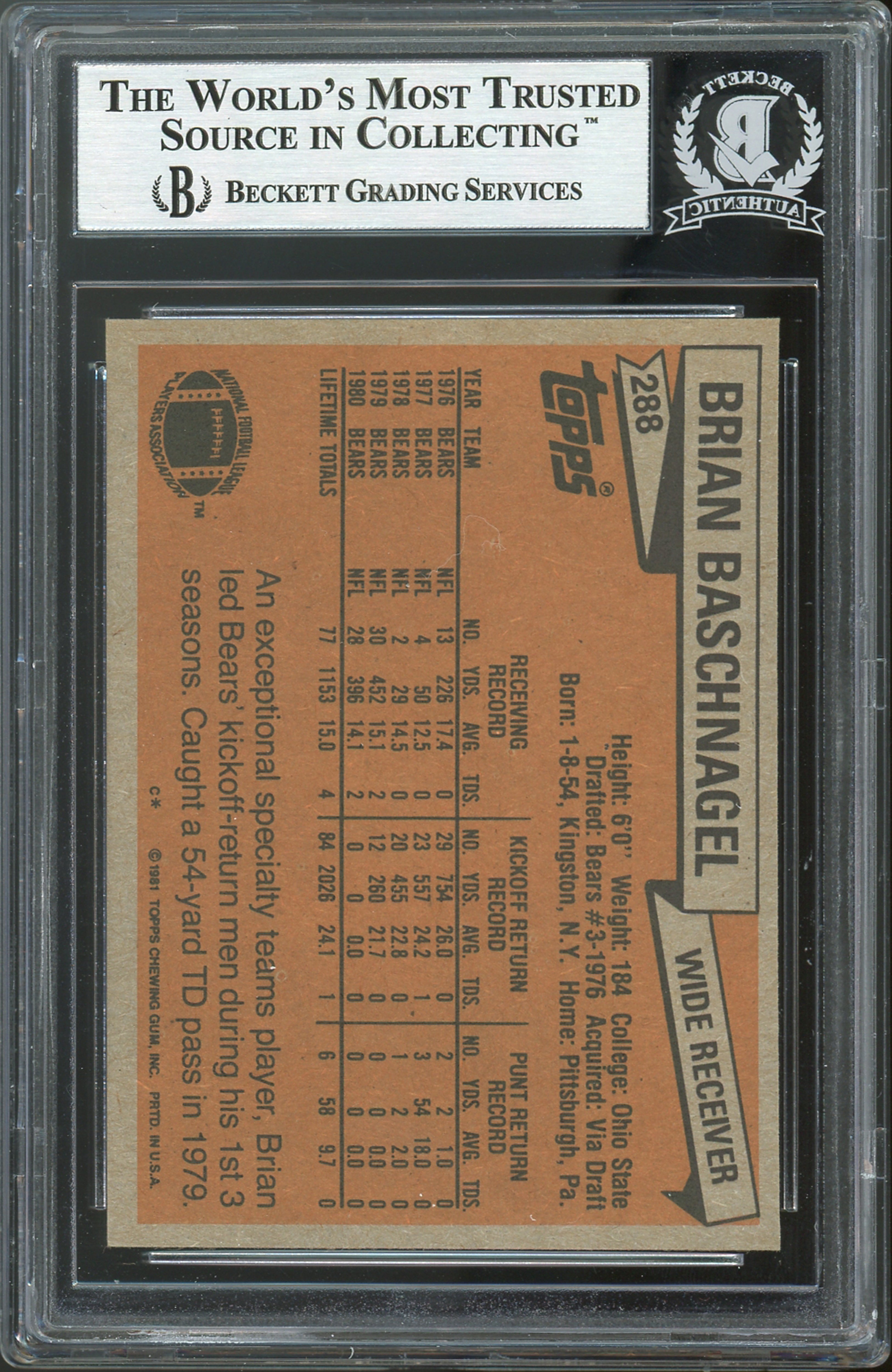 Bears Brian Baschnagel Authentic Signed 1981 Topps #288 Card BAS Slabbed