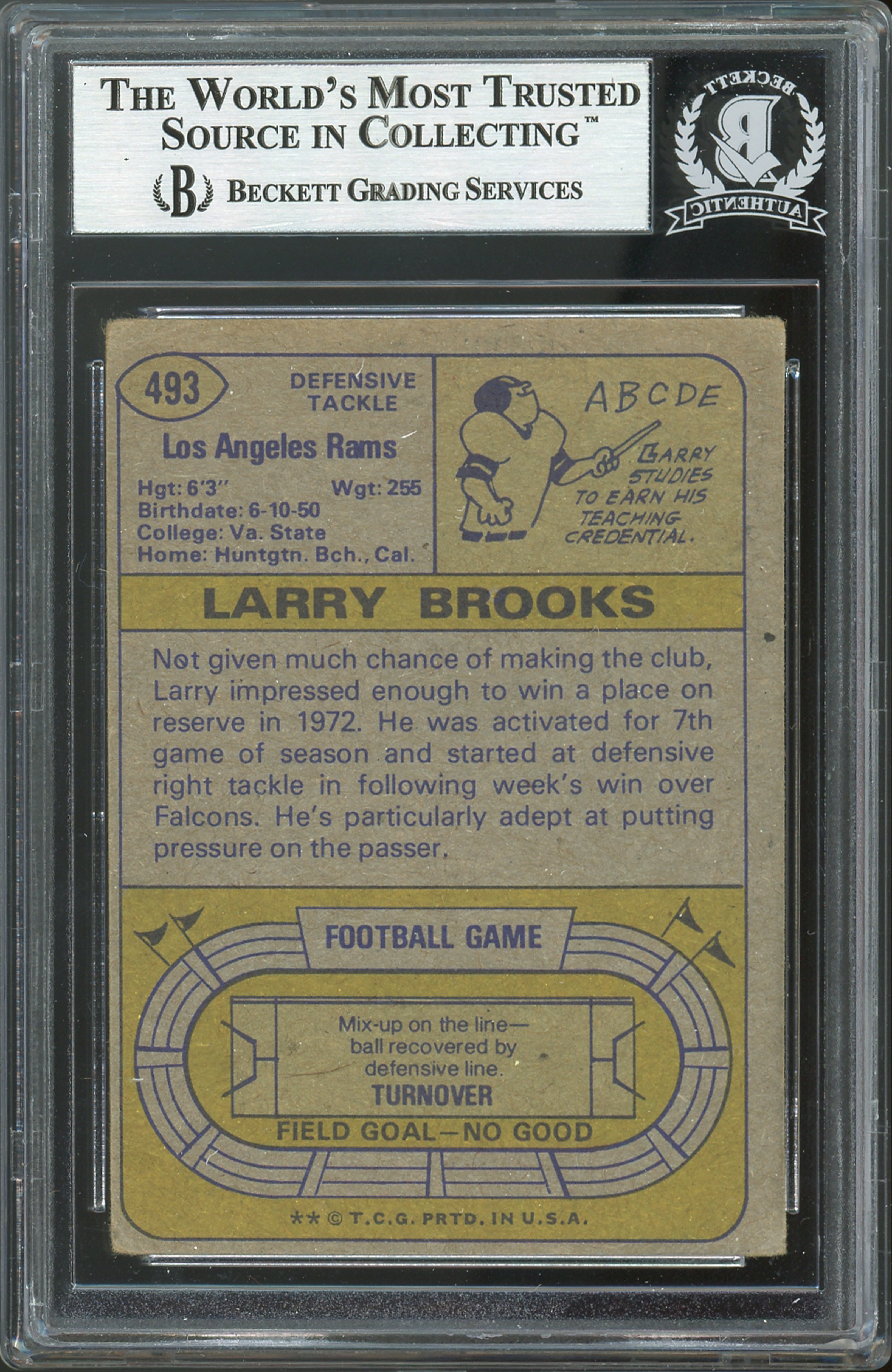 Rams Larry Brooks LA Rams Authentic Signed 1974 Topps #493 Card BAS Slabbed
