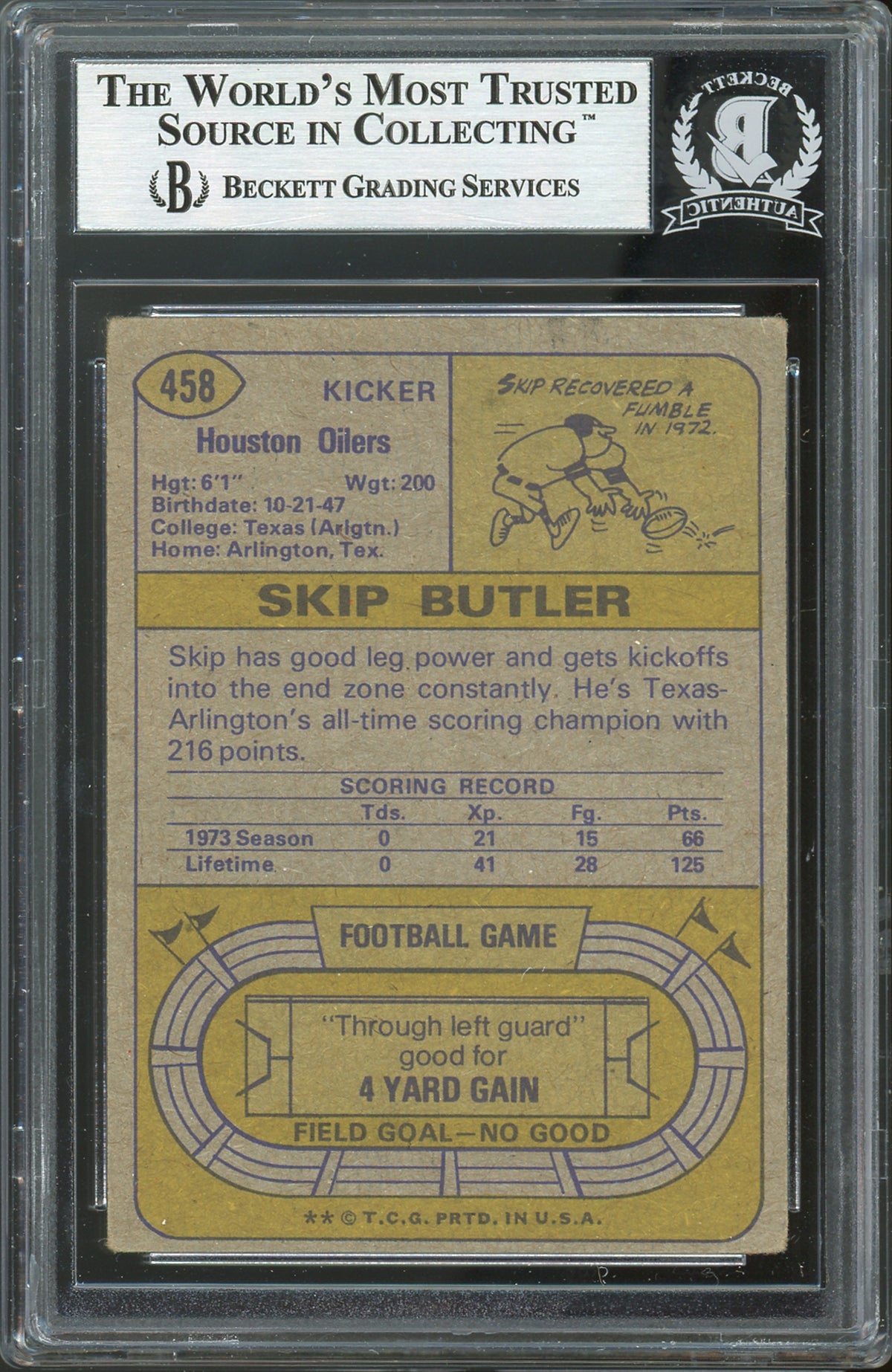 Oilers Skip Butler Don't Mess with Texas Signed 1974 Topps #458 Card BAS Slabbed