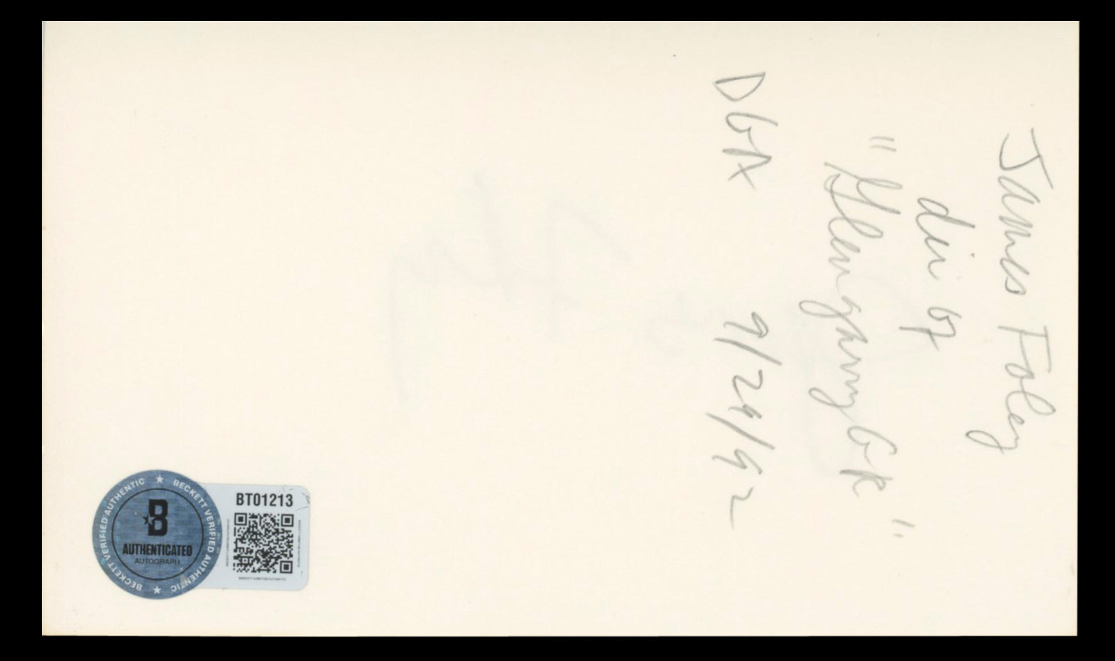 James Foley Authentic Signed 3x5 Index Card Autographed BAS #BT01213