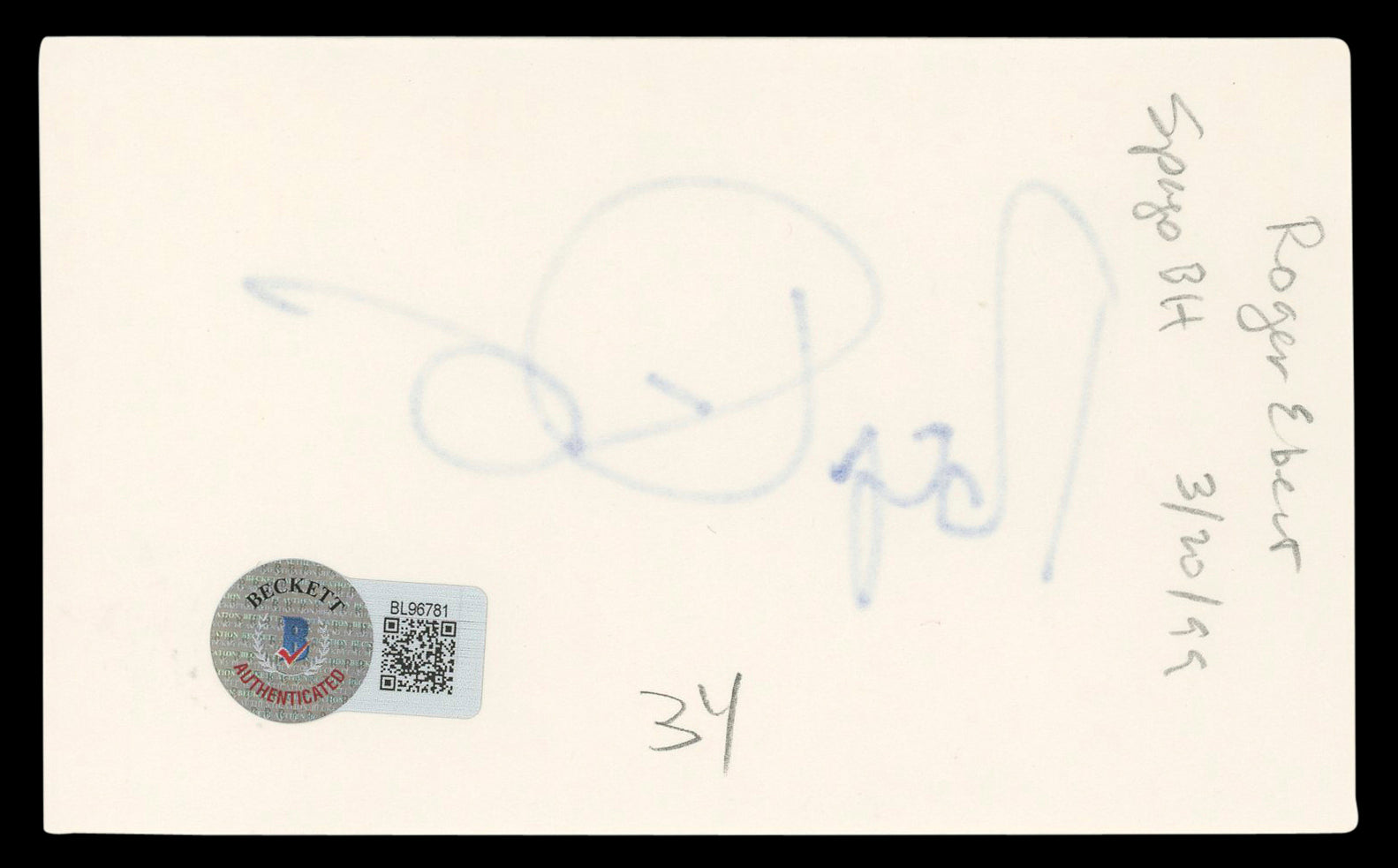 Rogert Ebert At the Movies Authentic Signed 3x5 Index Card BAS #BL96781