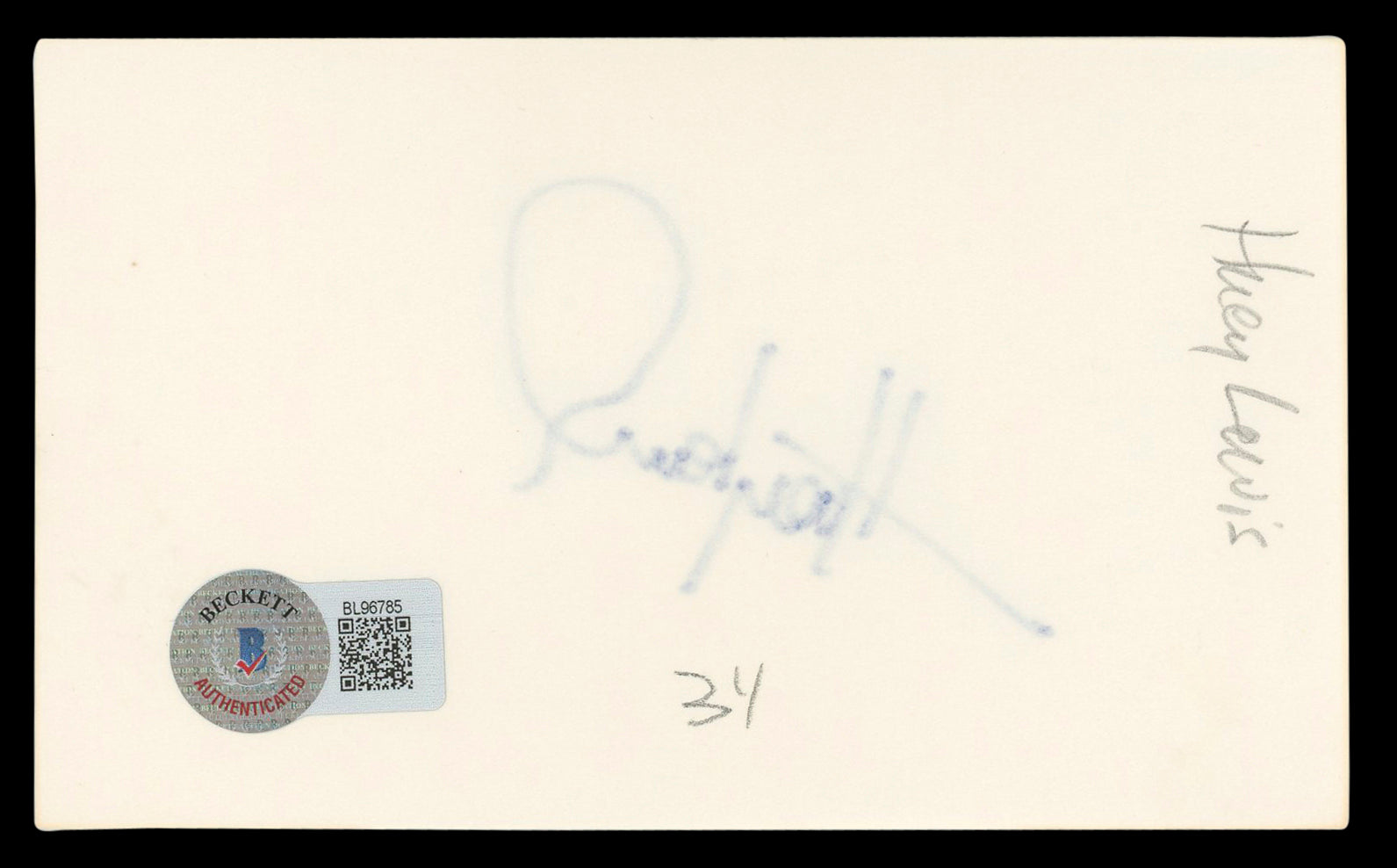 Huey Lewis Authentic Signed 3x5 Index Card Autographed BAS #BL96785